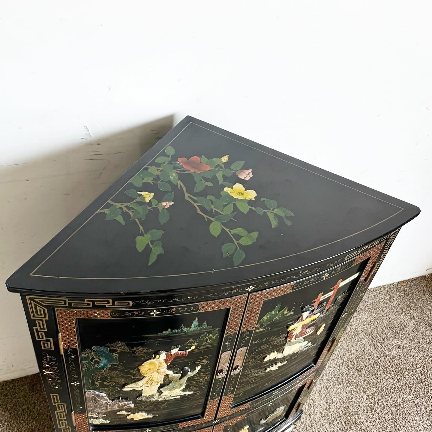 Late 20th Century Chinese Black Lacquered and Hand Painted Demi Lune Cabinet For Sale