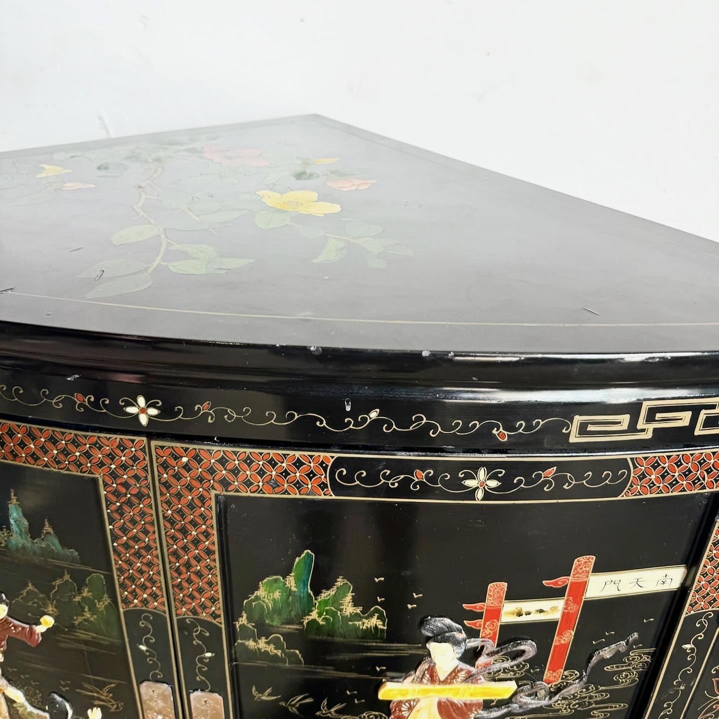 Wood Chinese Black Lacquered and Hand Painted Demi Lune Cabinet For Sale
