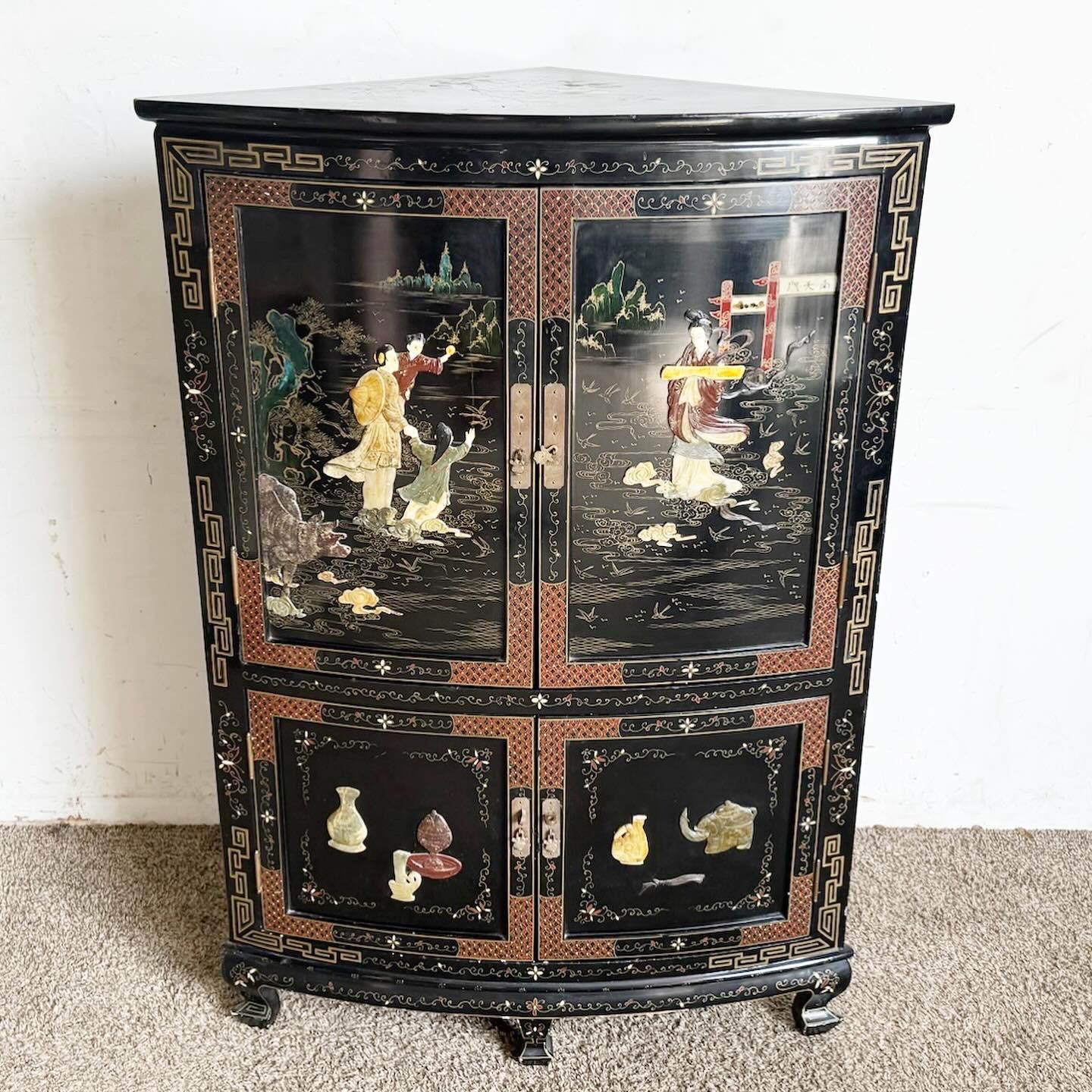 Chinese Black Lacquered and Hand Painted Demi Lune Cabinet For Sale 2