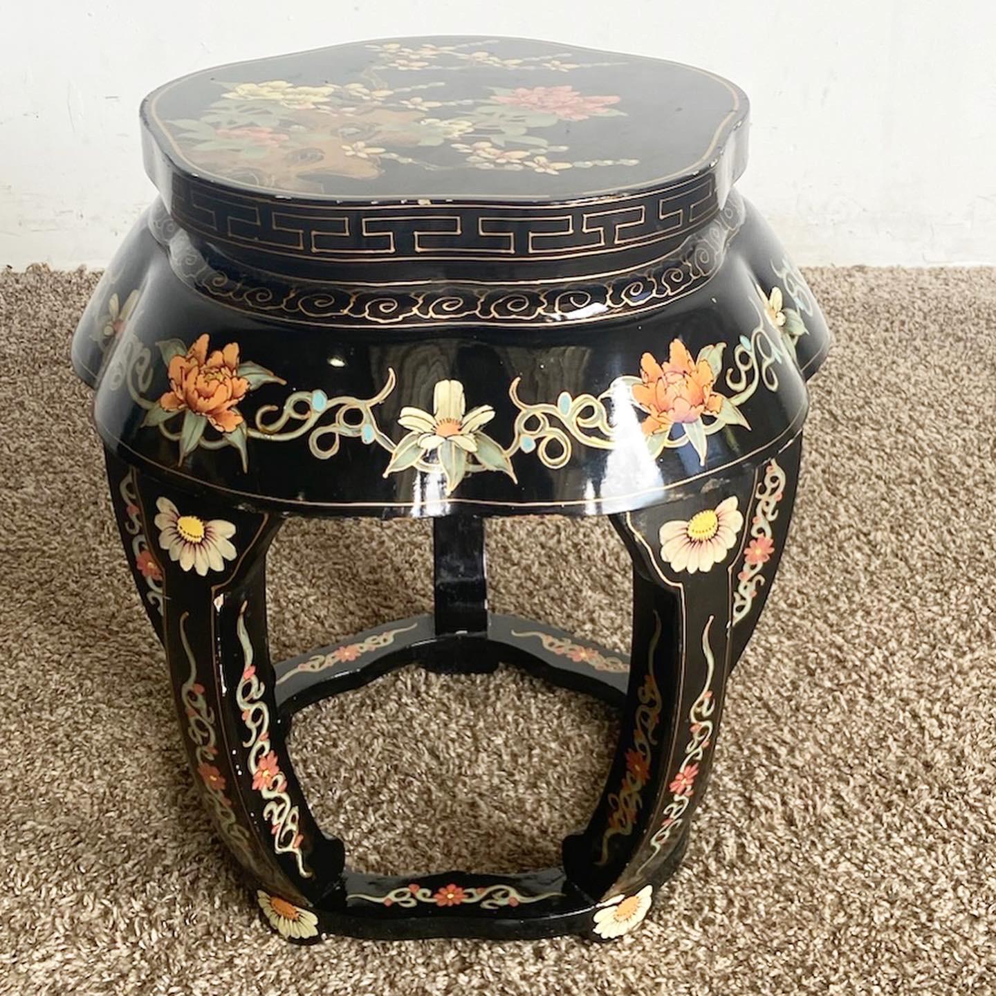 Chinese Black Lacquered and Hand Painted Low Stool/Side Table For Sale 5