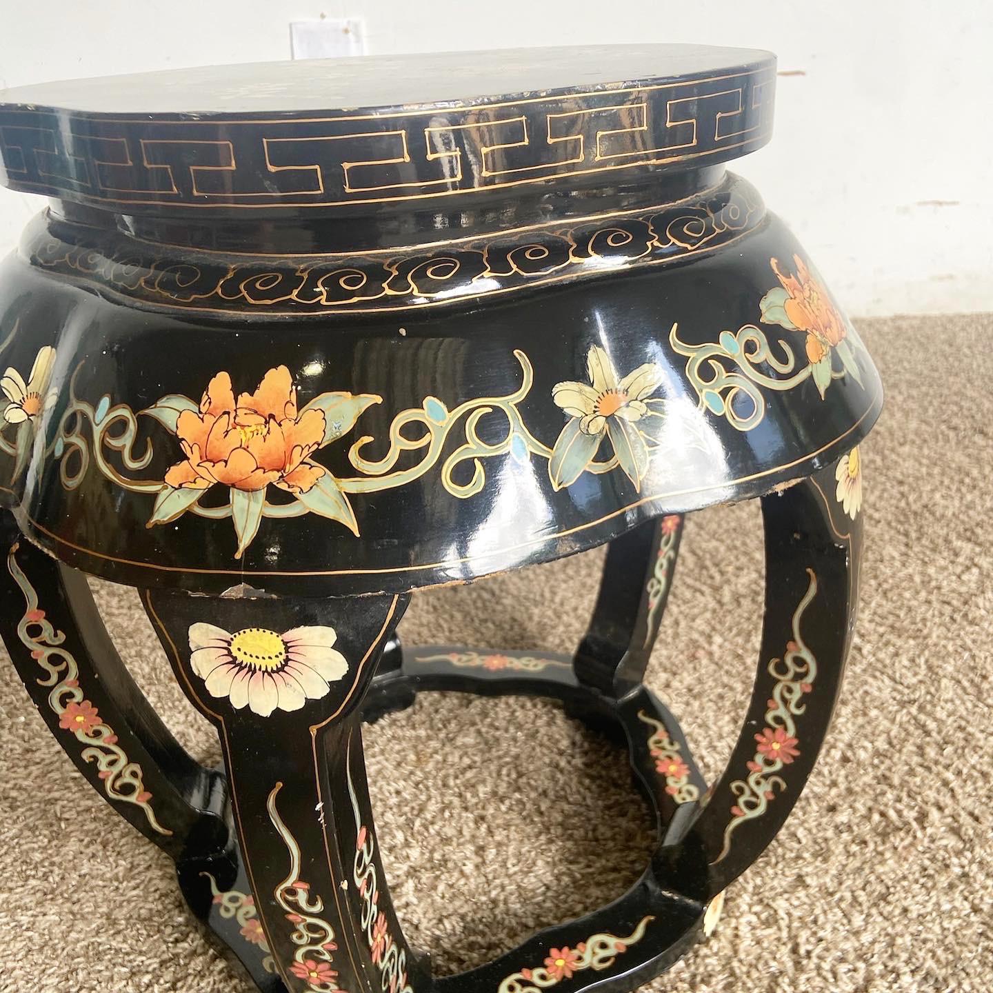 20th Century Chinese Black Lacquered and Hand Painted Low Stool/Side Table For Sale