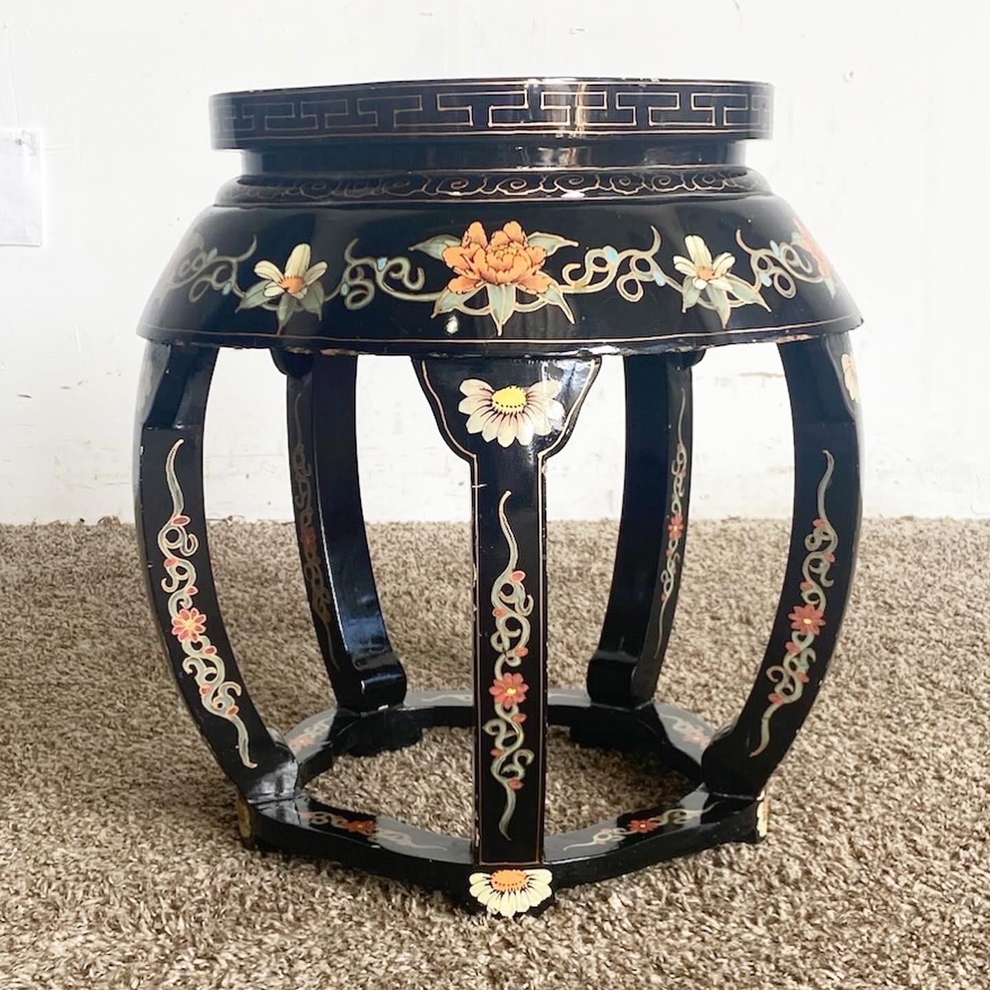 Chinese Black Lacquered and Hand Painted Low Stool/Side Table For Sale 2