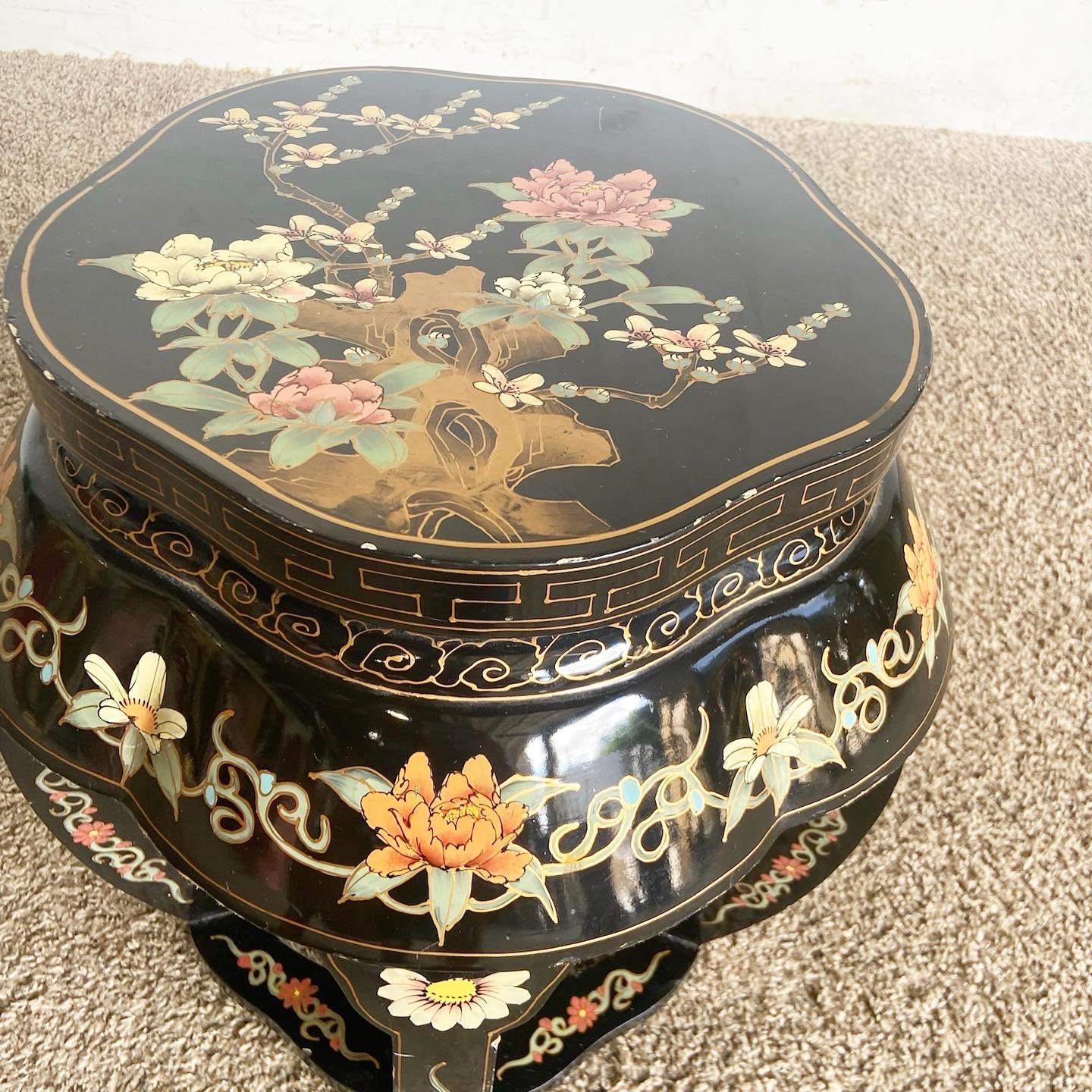 Chinese Black Lacquered and Hand Painted Low Stool/Side Table For Sale 3
