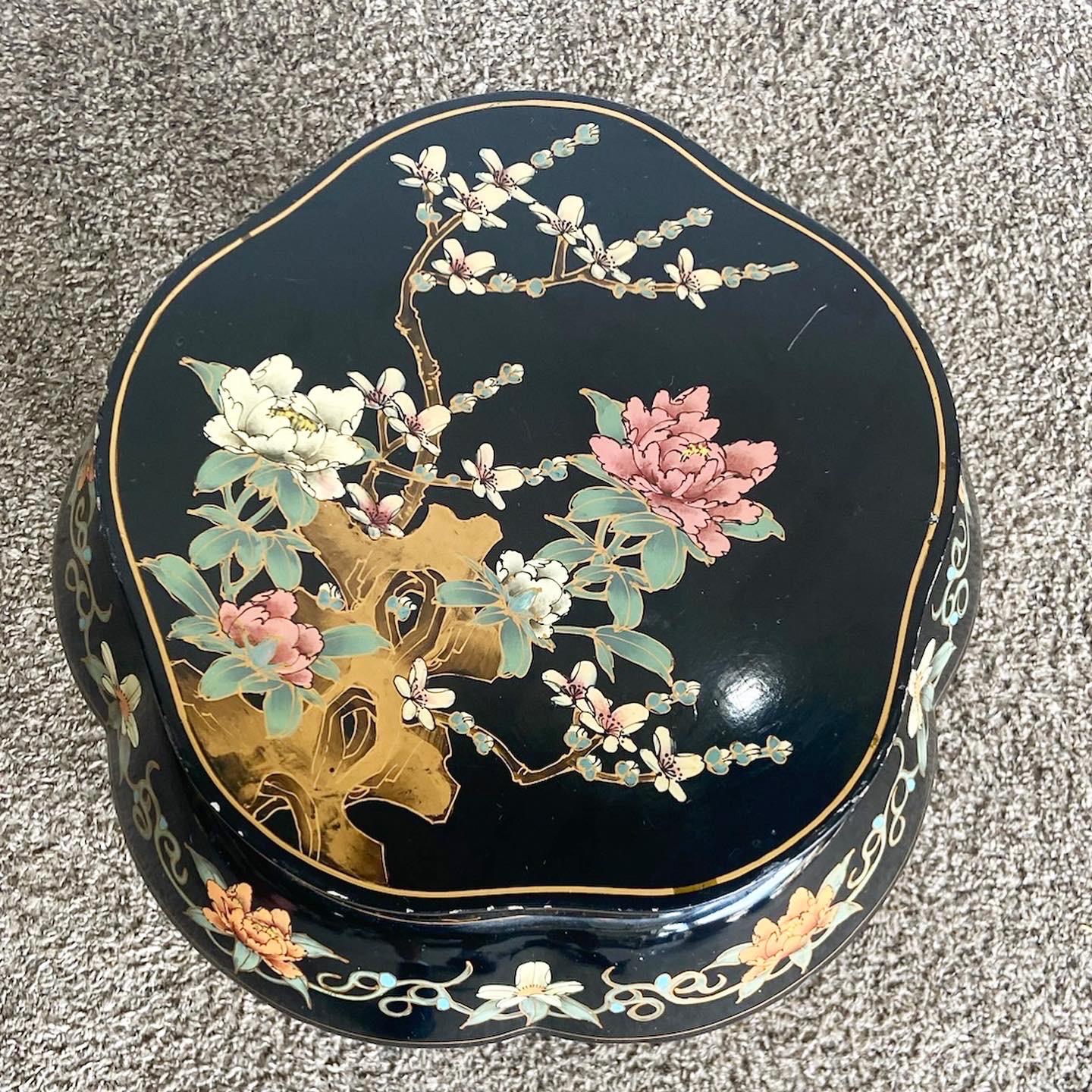 Chinese Black Lacquered and Hand Painted Low Stool/Side Table For Sale 4