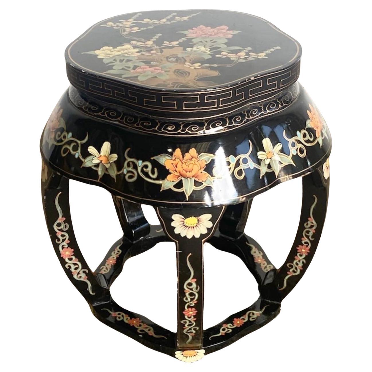 Chinese Black Lacquered and Hand Painted Low Stool/Side Table For Sale