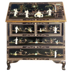 Chinese Black Lacquered and Hand Painted Secretary Desk