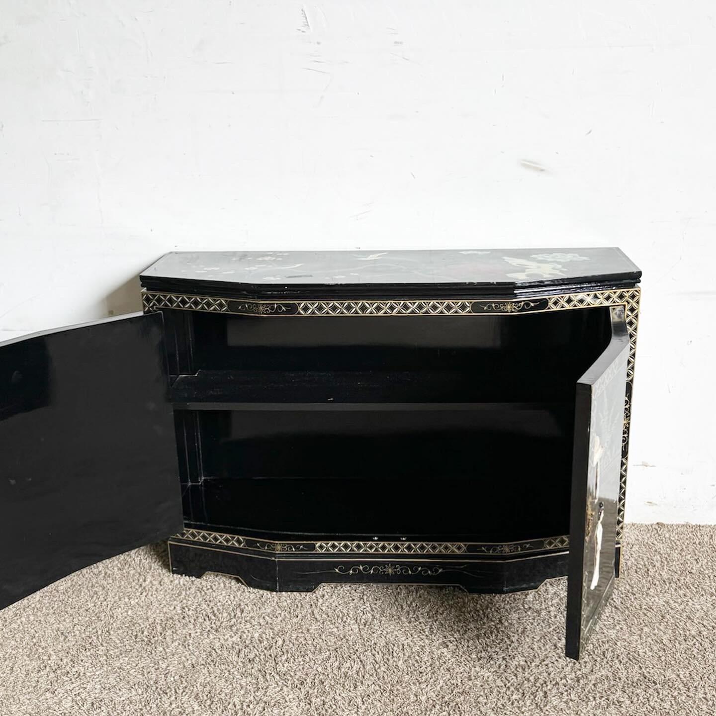 Chinese Black Lacquered and Hand Painted With Bone Stone Sideboard In Good Condition In Delray Beach, FL