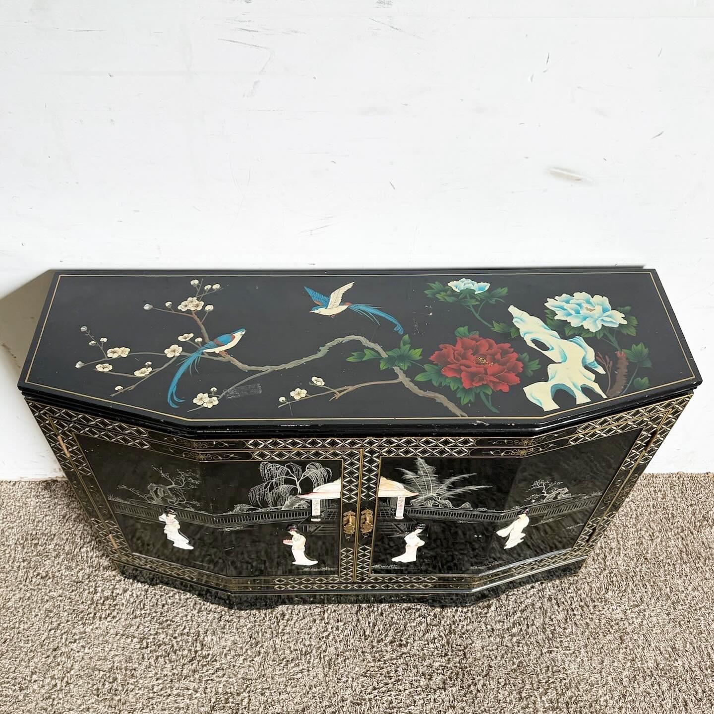 Late 20th Century Chinese Black Lacquered and Hand Painted With Bone Stone Sideboard For Sale