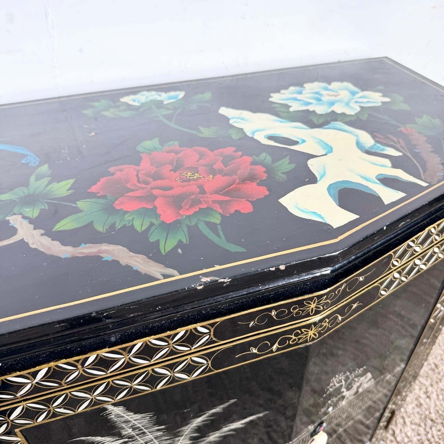 Wood Chinese Black Lacquered and Hand Painted With Bone Stone Sideboard