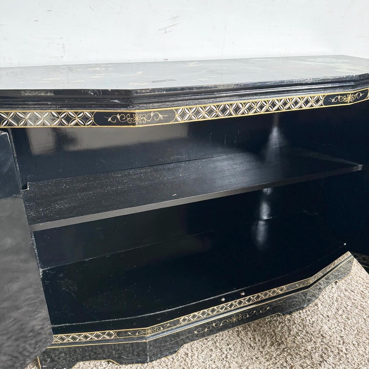 Chinese Black Lacquered and Hand Painted With Bone Stone Sideboard 1