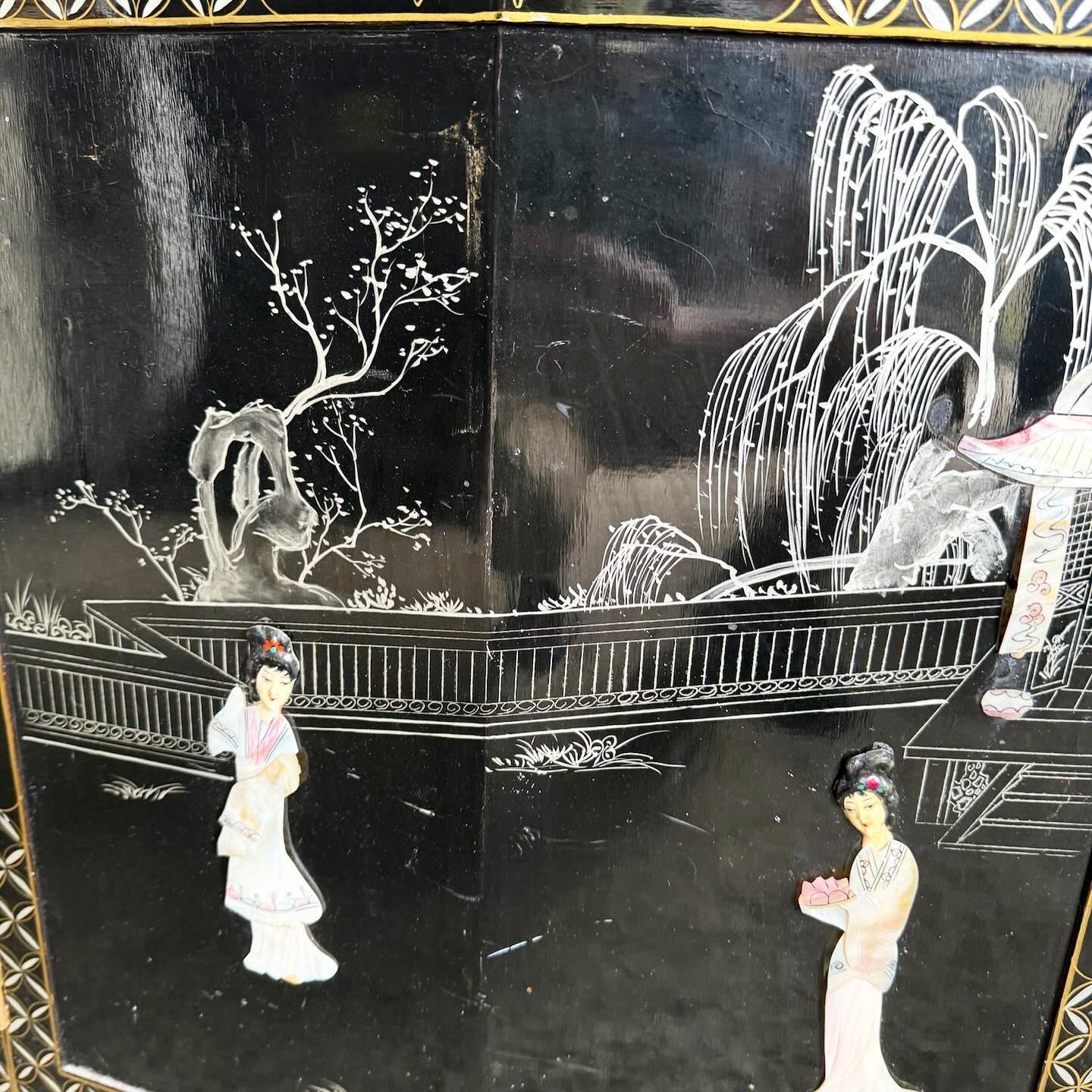 Chinese Black Lacquered and Hand Painted With Bone Stone Sideboard For Sale 2
