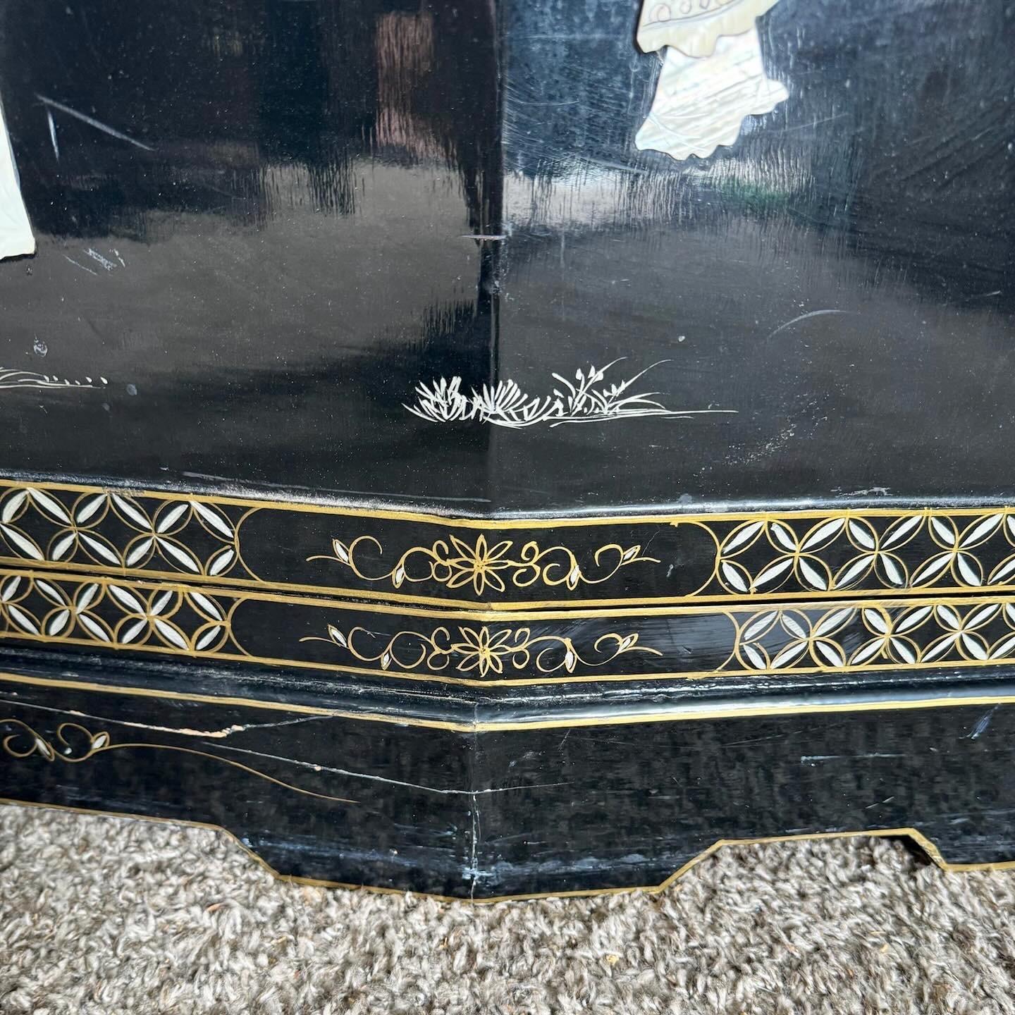 Chinese Black Lacquered and Hand Painted With Bone Stone Sideboard 3