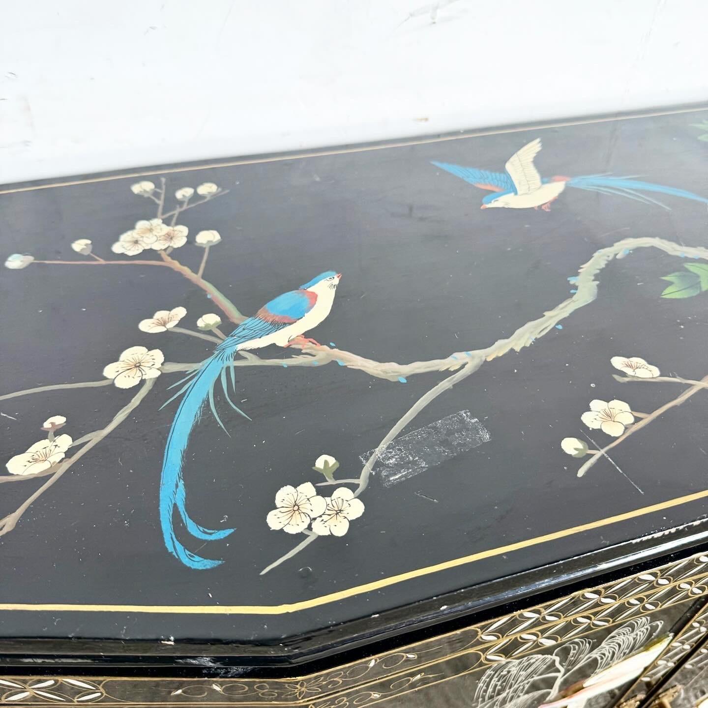 Chinese Black Lacquered and Hand Painted With Bone Stone Sideboard For Sale 4