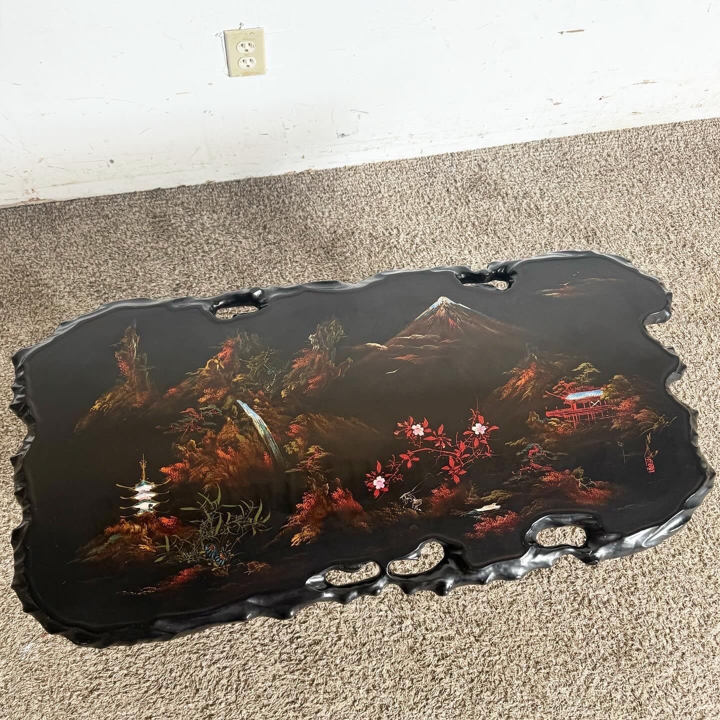 Chinese Black Lacquered and Hand Painted With Mother of Pearl Inlay Coffee Table In Good Condition In Delray Beach, FL