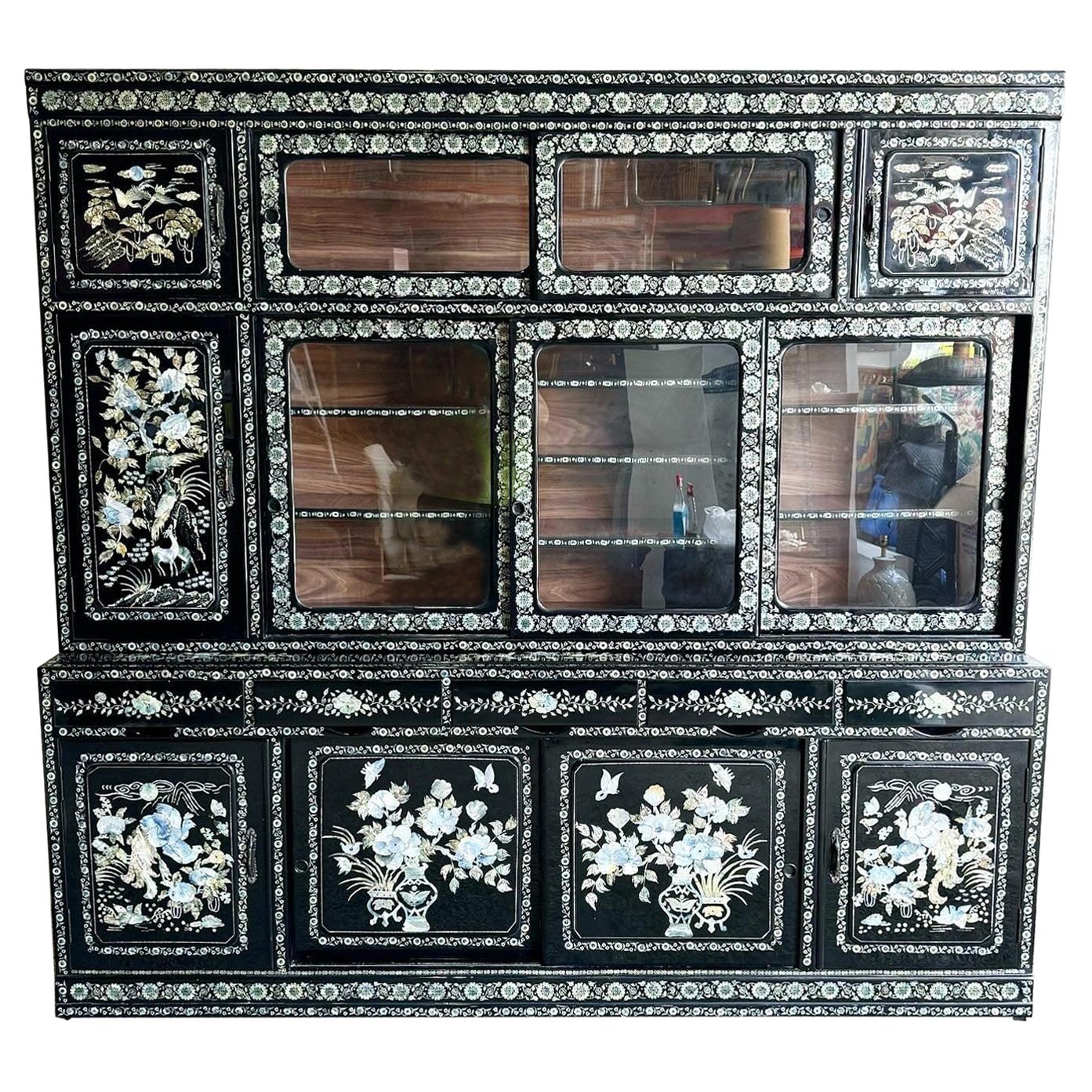 Chinese Black Lacquered and Mother of Pearl Inlaid China Cabinet