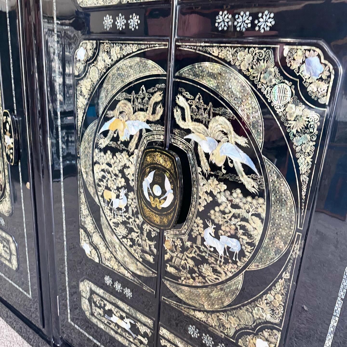 Late 20th Century Chinese Black Lacquered and Mother of Pearl Inlay Armoire/Closet