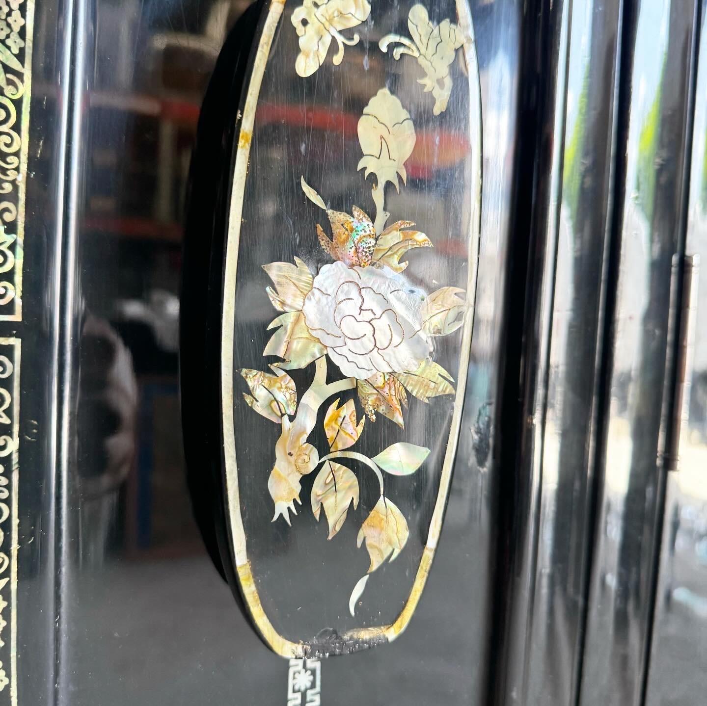 Chinese Black Lacquered and Mother of Pearl Inlay Armoire/Closet 1