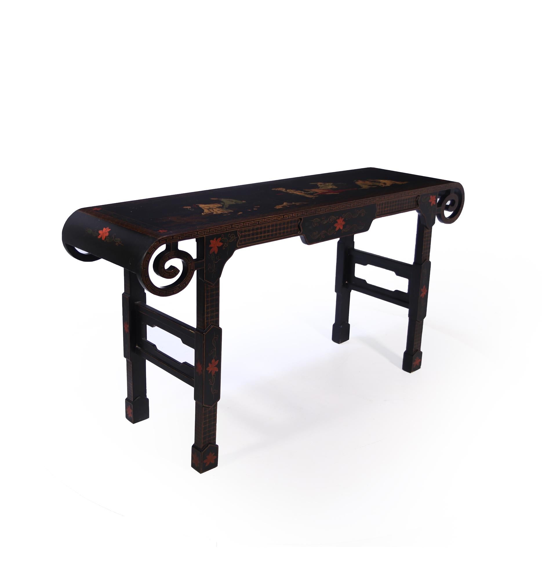 A Chinese console scrolls table mid 20th century, in good vintage condition great quality paintings on the top

Age: 1960

Style: Chinese

Material: Lacquered wood

Origin : China

Condition: Very good

Restoration; cleaned and