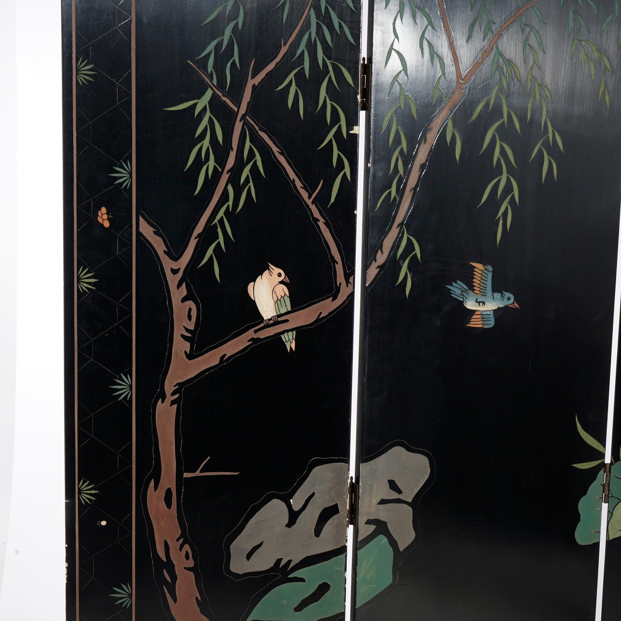 Chinese Black Lacquered Four-Panel Dressing Screen with Garden Scene, 20th C 4