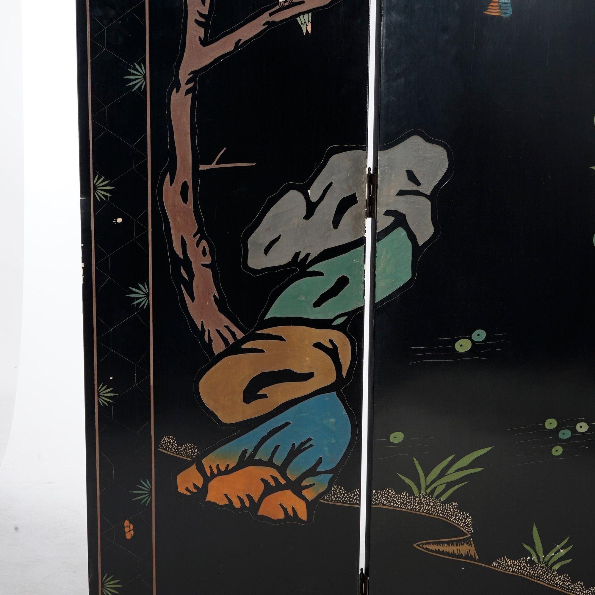 Chinese Black Lacquered Four-Panel Dressing Screen with Garden Scene, 20th C 5