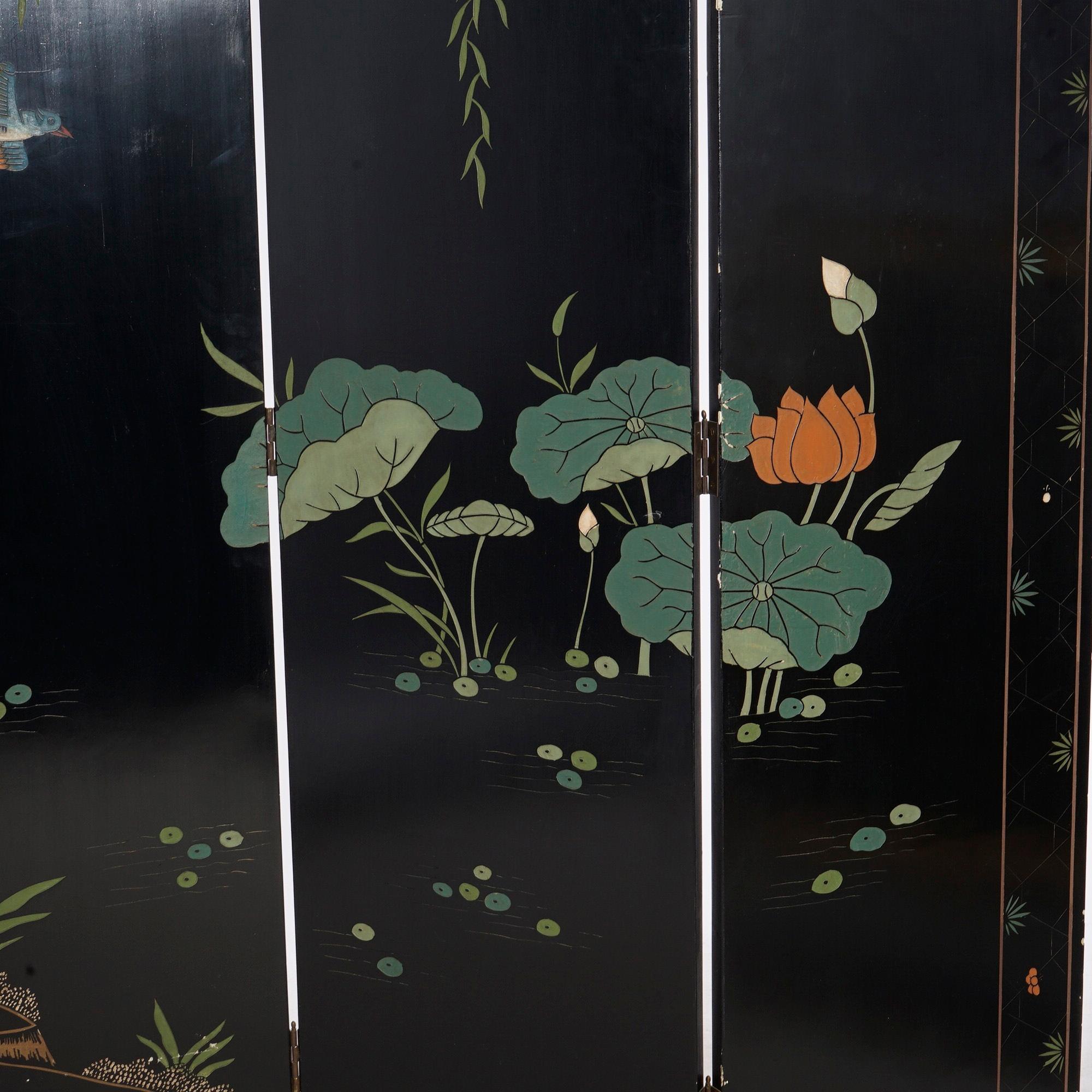 Chinese Black Lacquered Four-Panel Dressing Screen with Garden Scene, 20th C 6