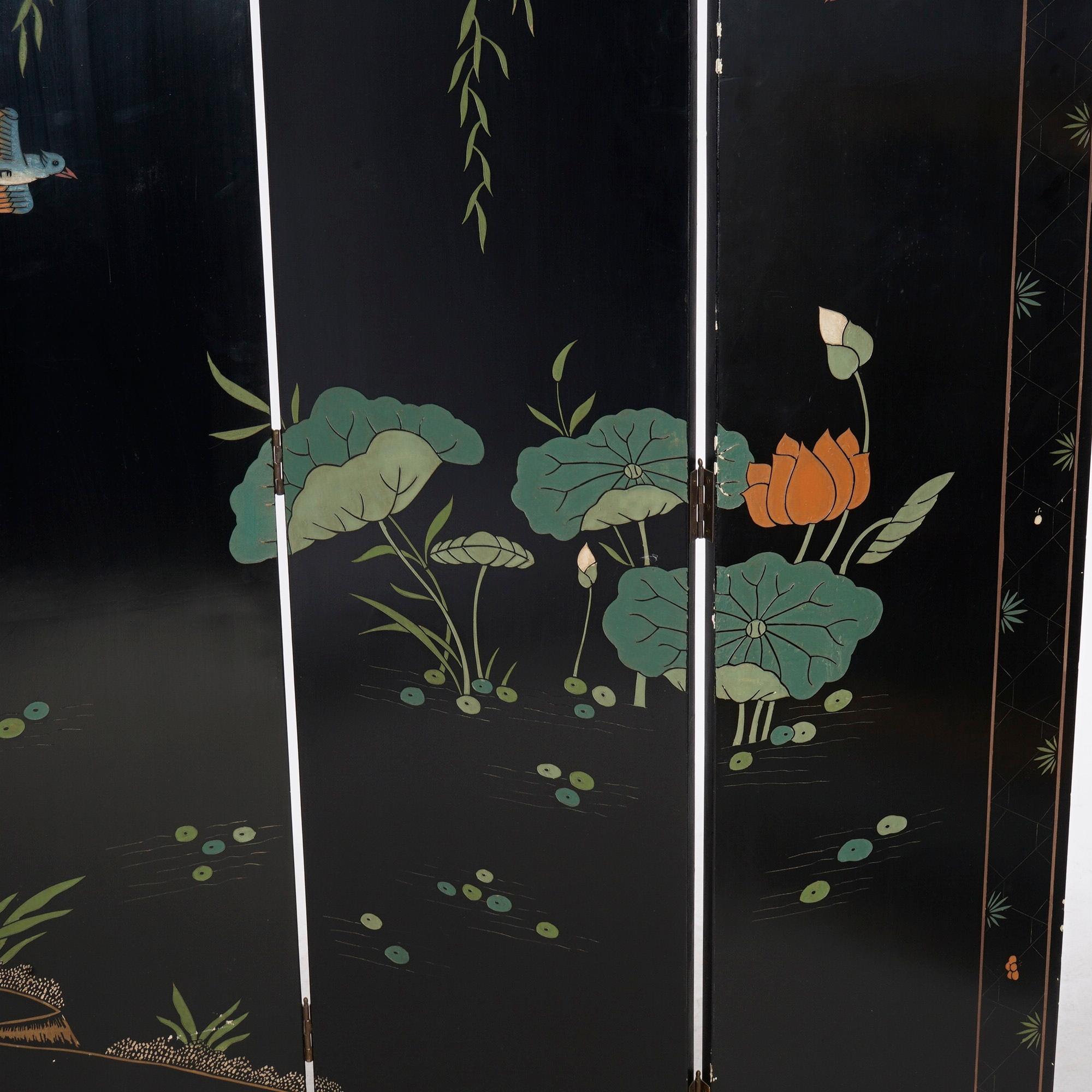 Chinese Black Lacquered Four-Panel Dressing Screen with Garden Scene, 20th C 7
