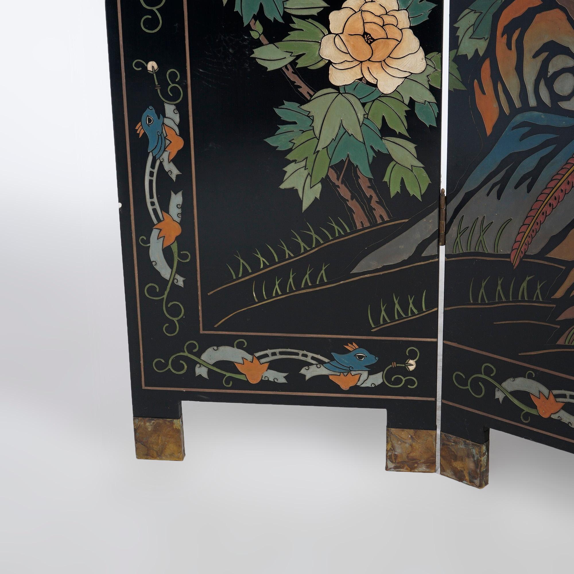 Chinese Black Lacquered Four-Panel Dressing Screen with Garden Scene, 20th C 8