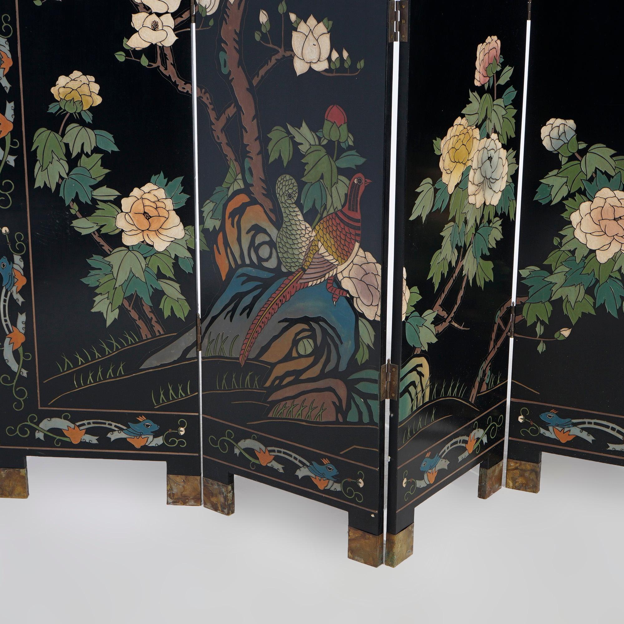 Chinese Black Lacquered Four-Panel Dressing Screen with Garden Scene, 20th C 9
