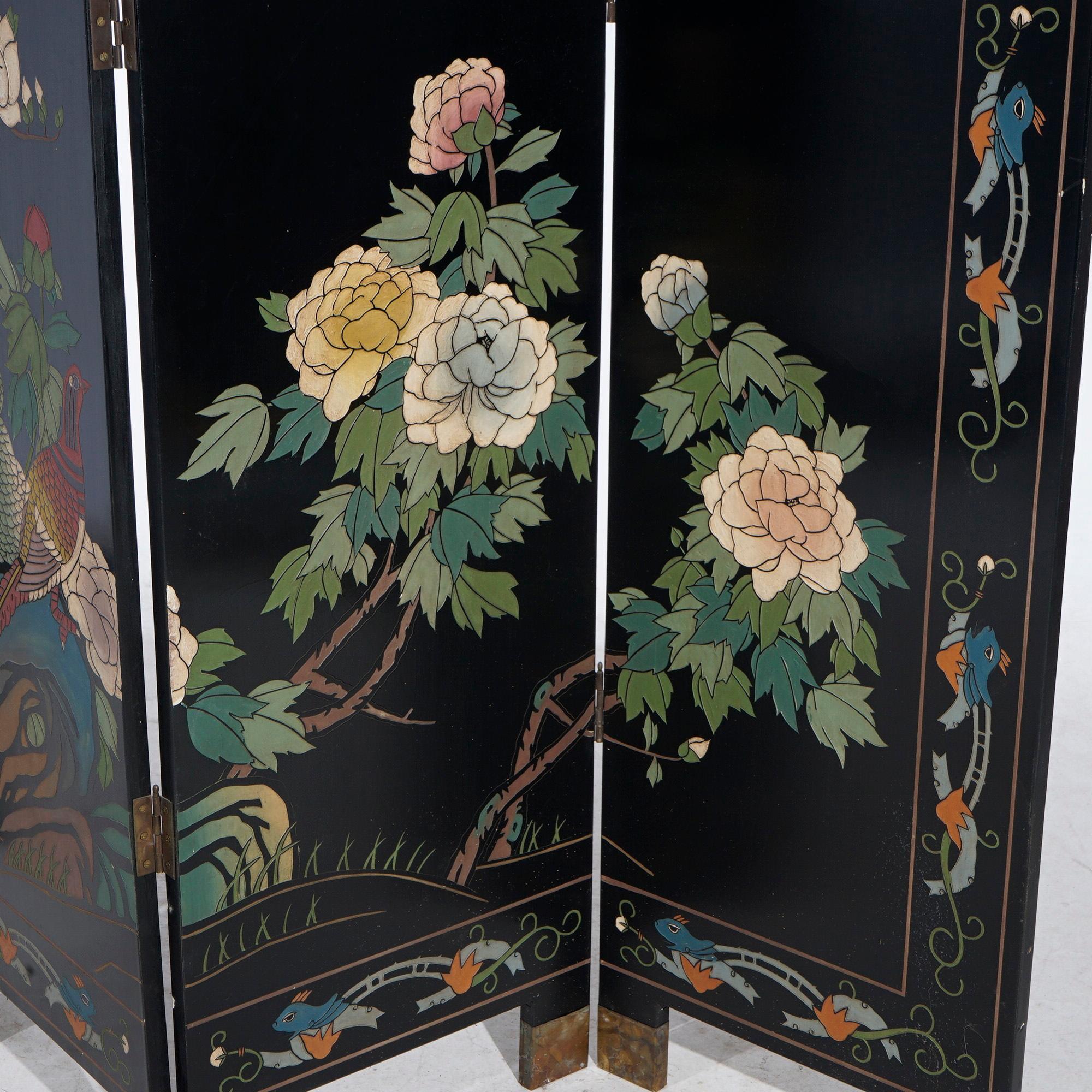 Chinese Black Lacquered Four-Panel Dressing Screen with Garden Scene, 20th C 10