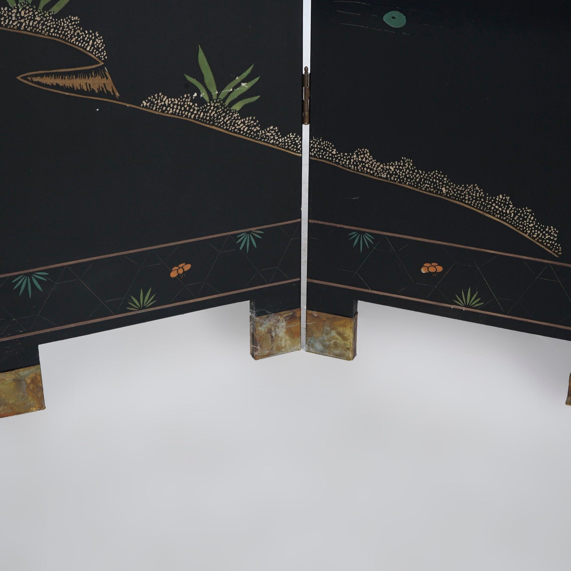 Chinese Black Lacquered Four-Panel Dressing Screen with Garden Scene, 20th C 11
