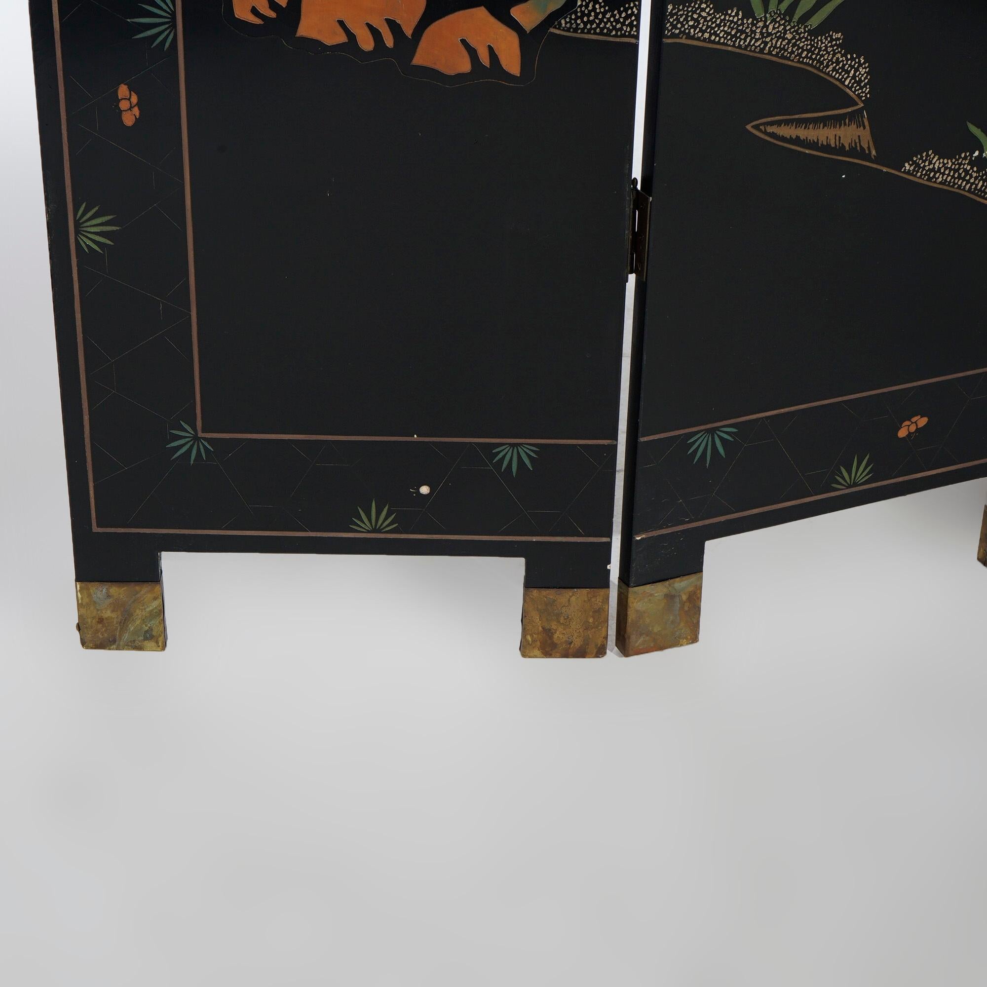 Chinese Black Lacquered Four-Panel Dressing Screen with Garden Scene, 20th C 12