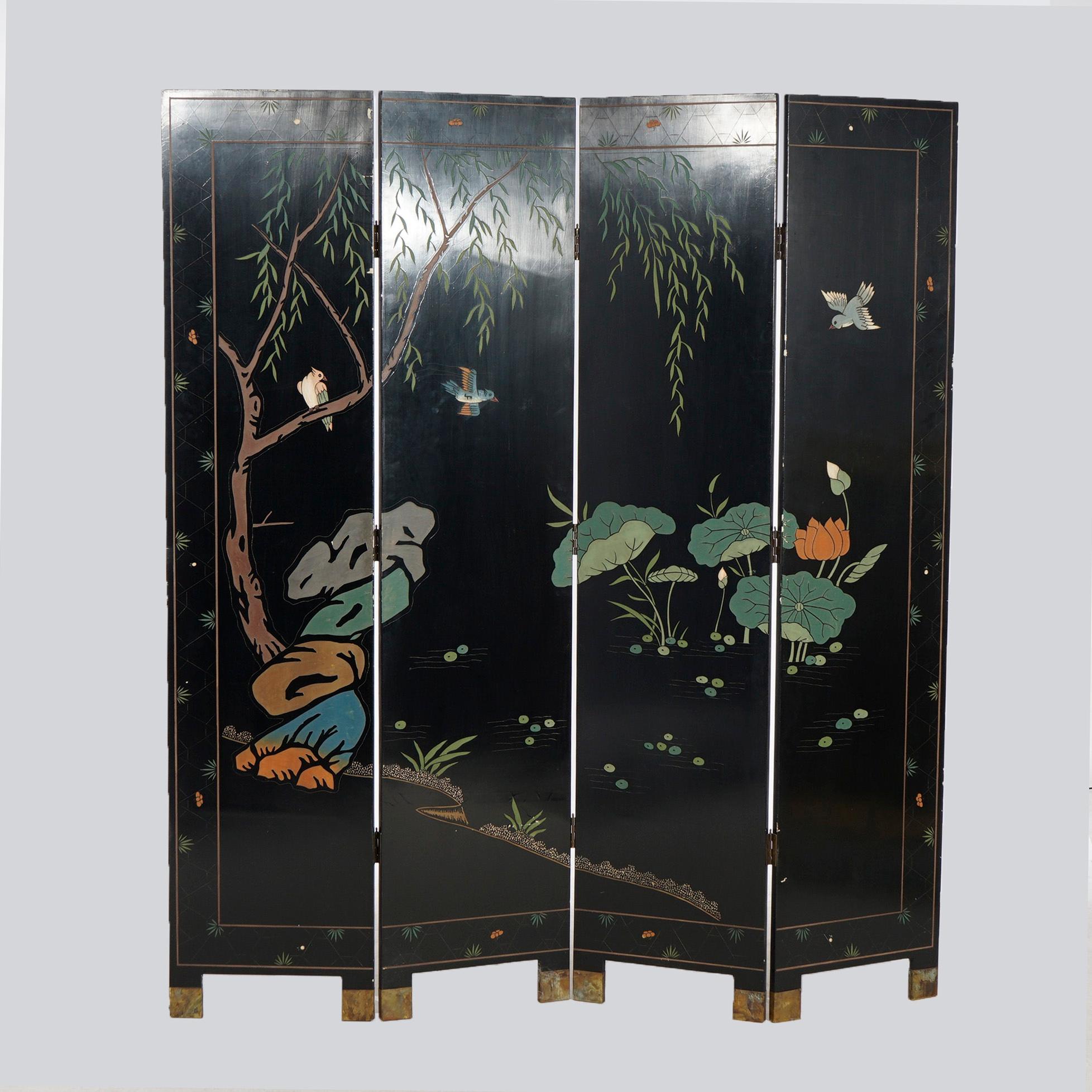 A Chinese dressing screen offers four black lacquered panels having continuous garden scene with flowers and birds, 20th century

Measures- 72''H x 64''W x 1''D.

*Ask about DISCOUNTED DELIVERY rates within 1,500 miles of NY*