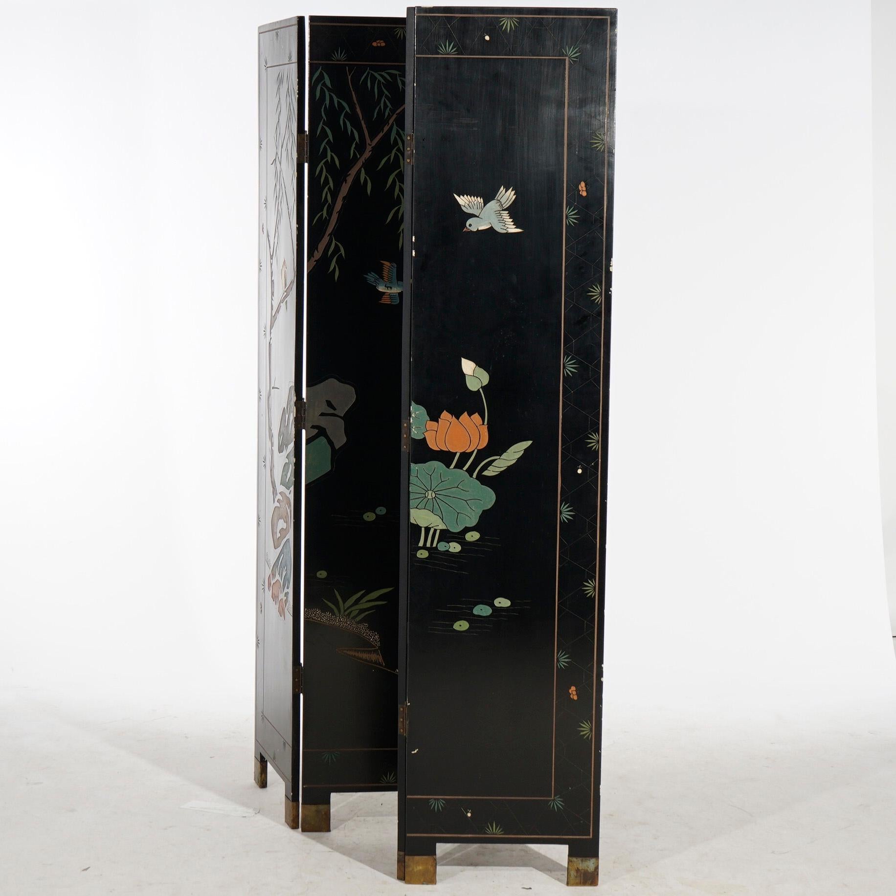 Chinese Black Lacquered Four-Panel Dressing Screen with Garden Scene, 20th C In Good Condition In Big Flats, NY