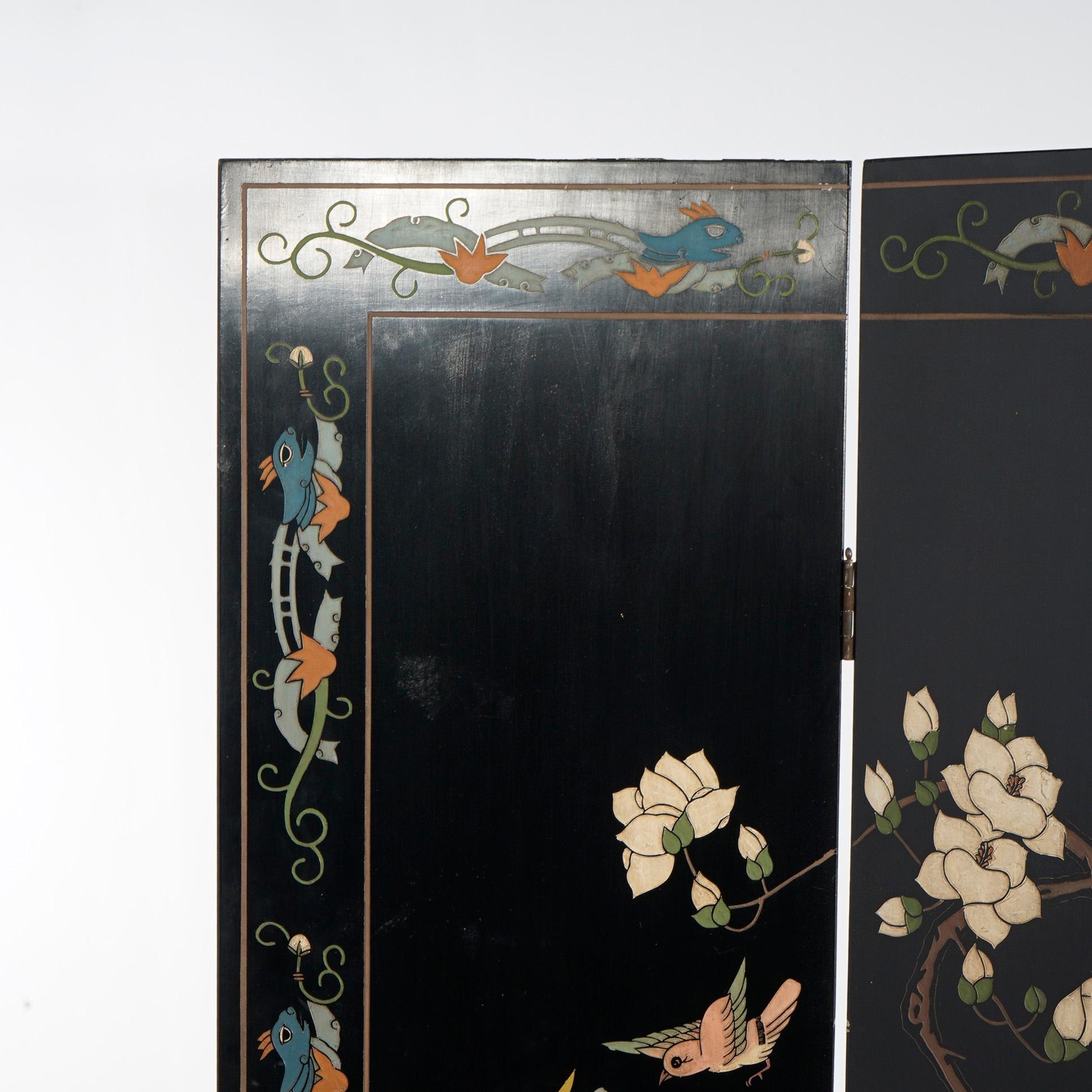 20th Century Chinese Black Lacquered Four-Panel Dressing Screen with Garden Scene, 20th C