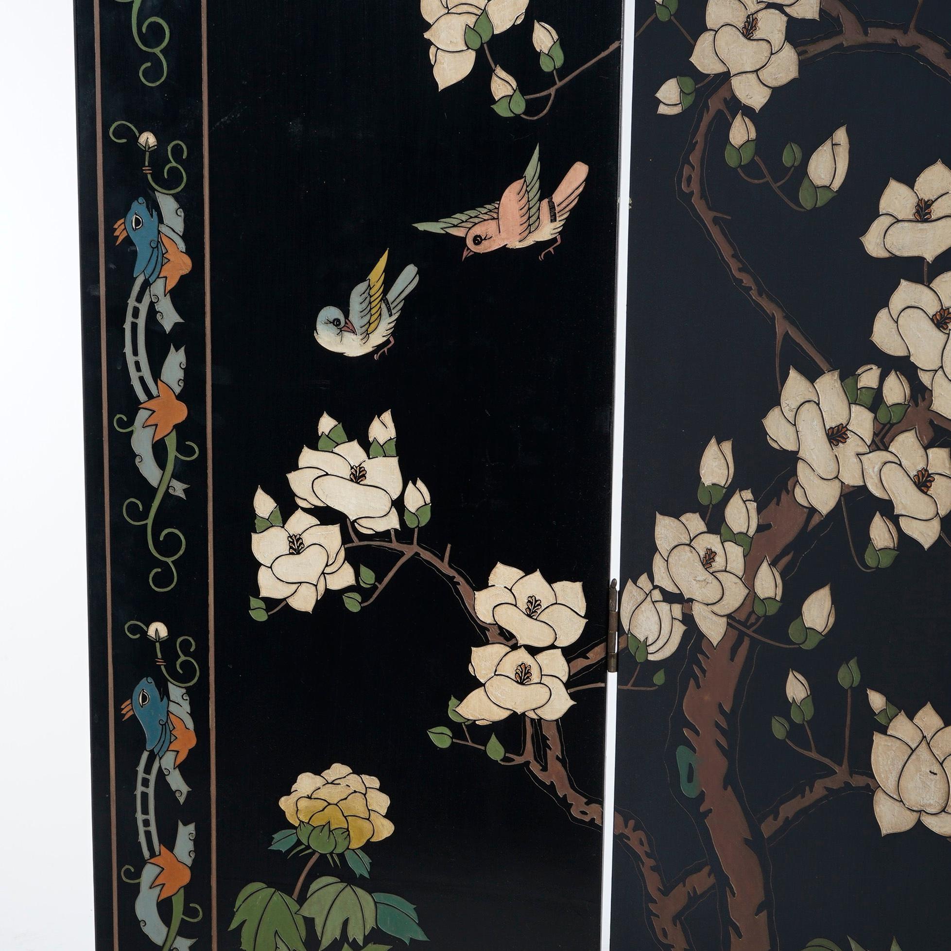 Wood Chinese Black Lacquered Four-Panel Dressing Screen with Garden Scene, 20th C