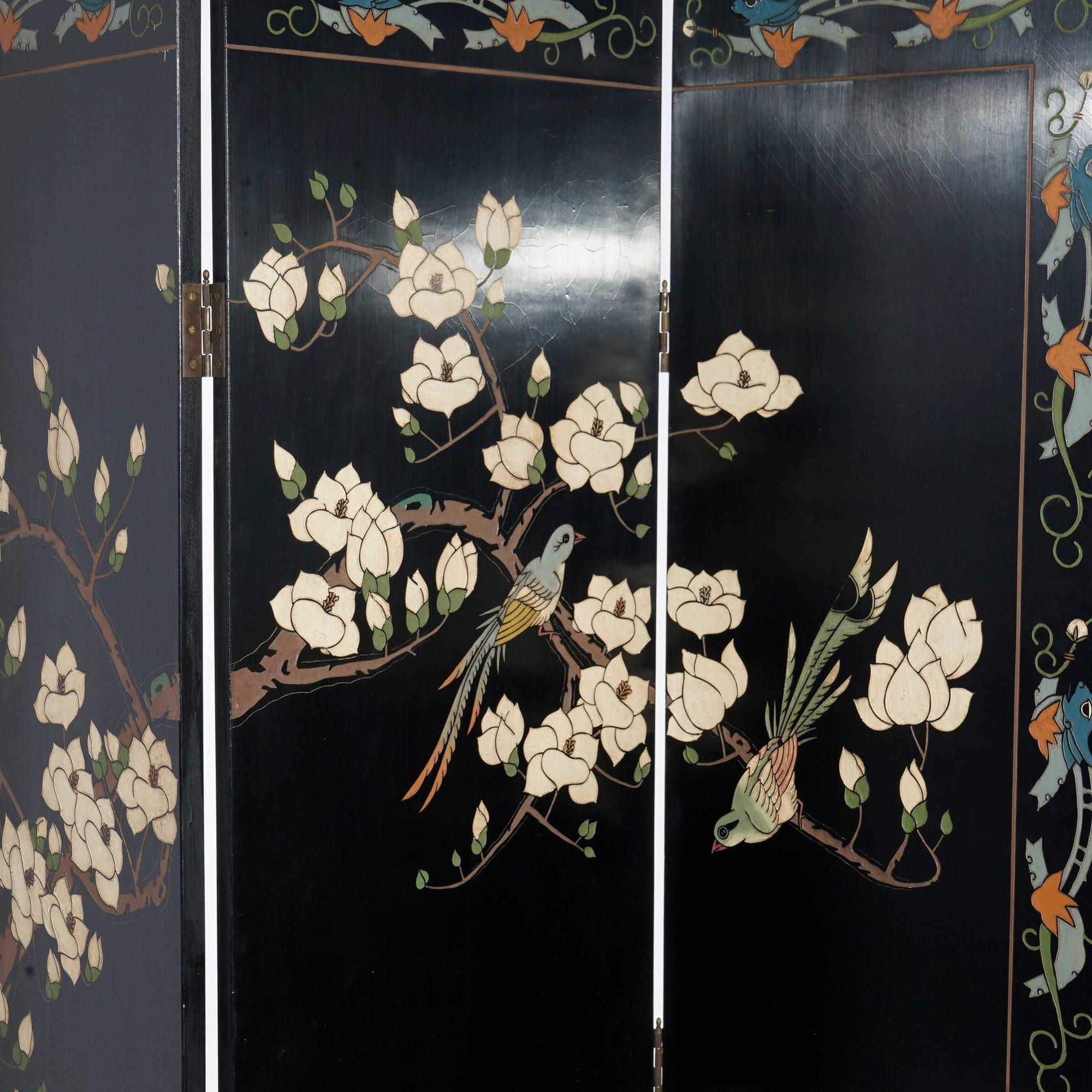 Chinese Black Lacquered Four-Panel Dressing Screen with Garden Scene, 20th C 1