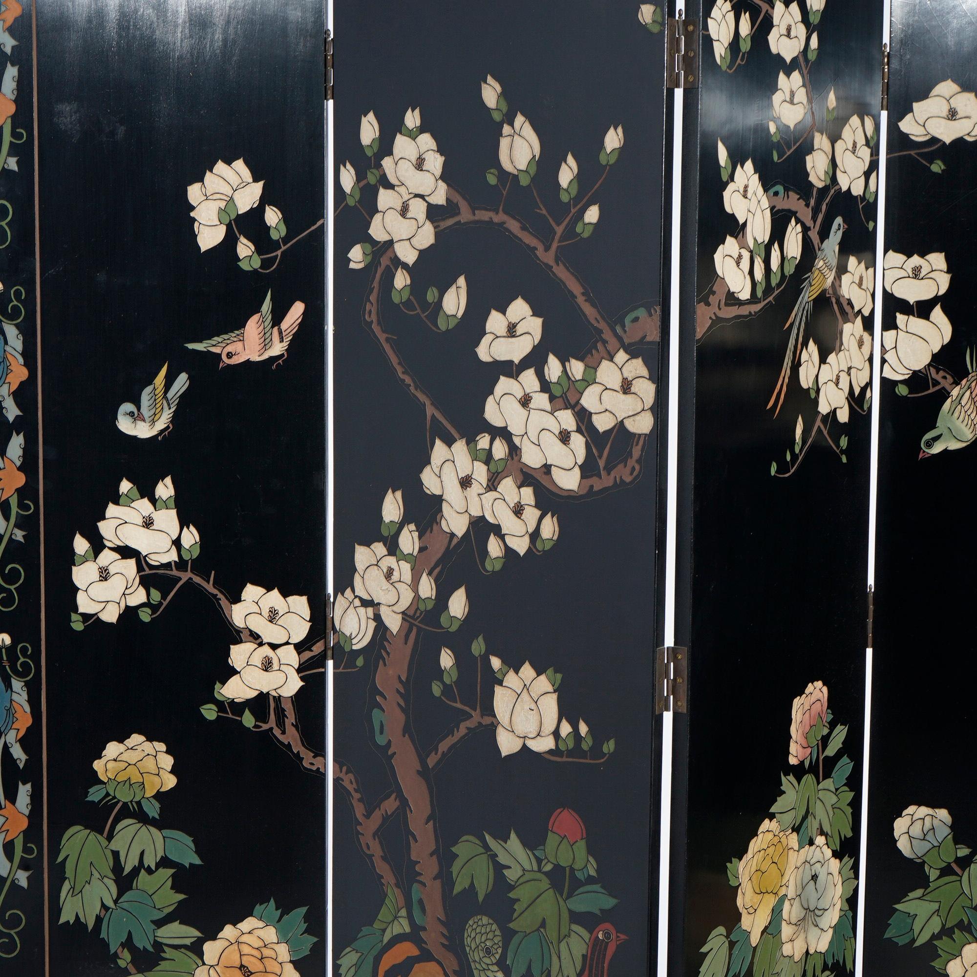 Chinese Black Lacquered Four-Panel Dressing Screen with Garden Scene, 20th C 2