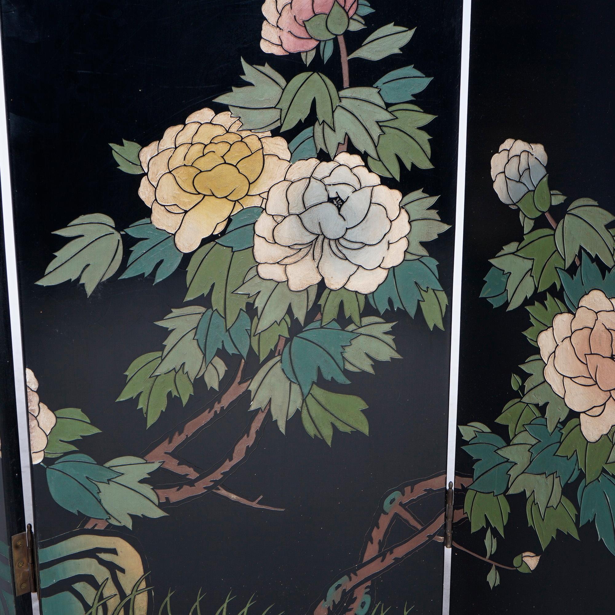 Chinese Black Lacquered Four-Panel Dressing Screen with Garden Scene, 20th C 3