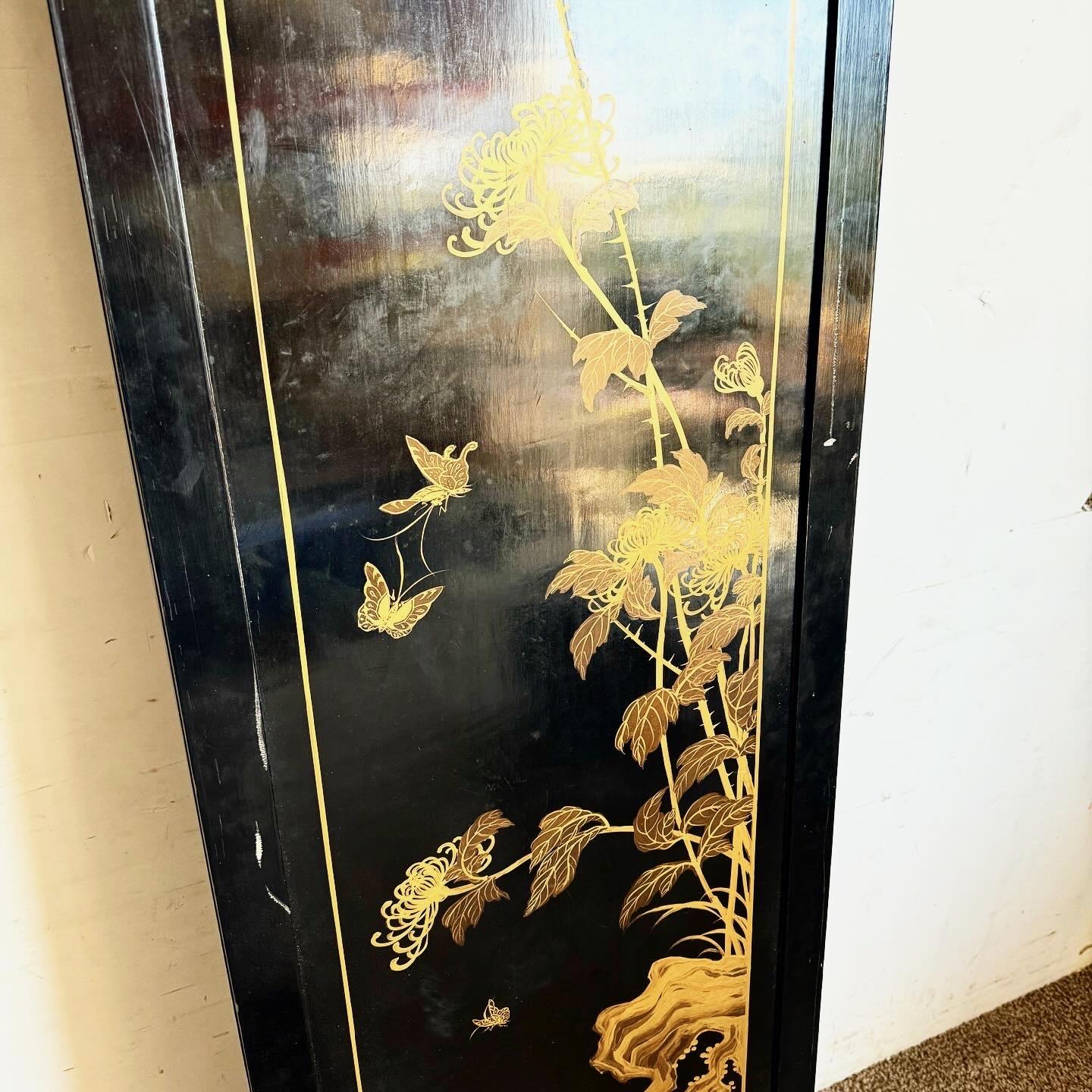 Chinesischer Raumteiler/Schrank aus schwarz lackiertem Gold und Stein im Zustand „Gut“ im Angebot in Delray Beach, FL