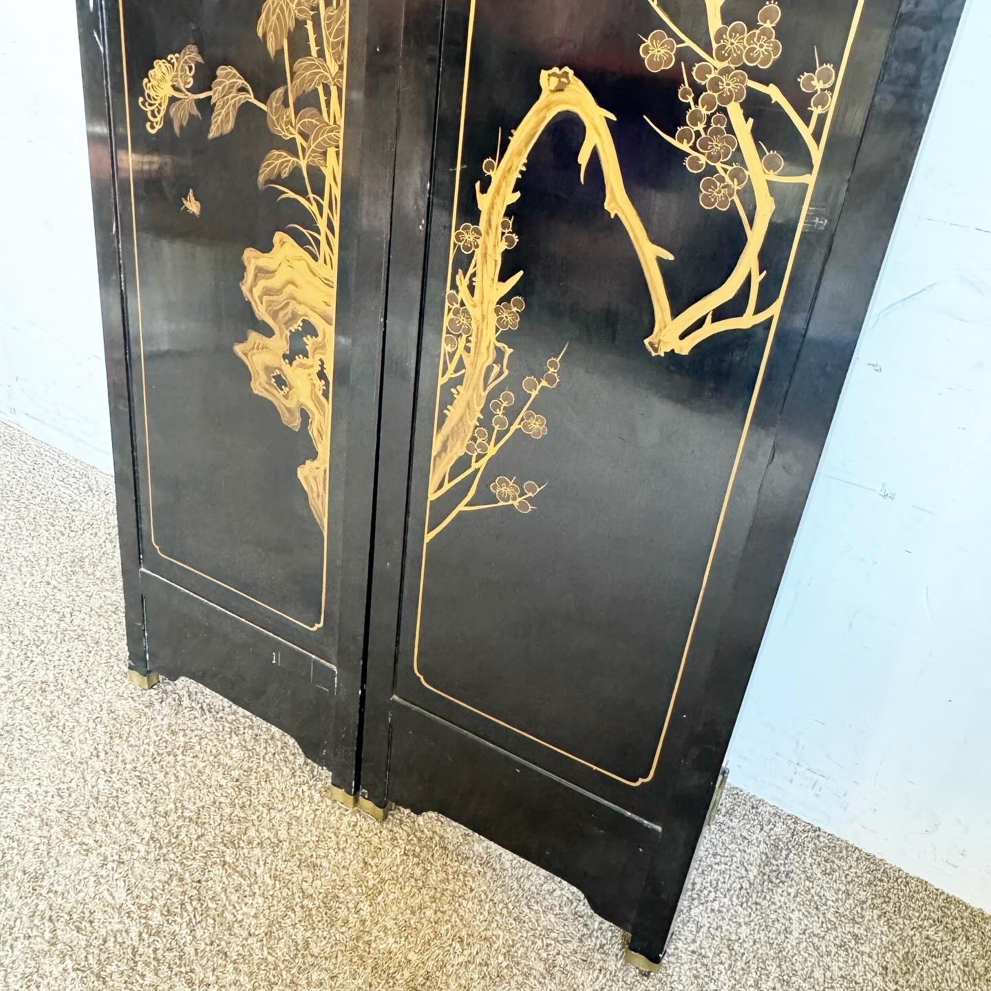Biombo/separador de ambientes chino de piedra y oro lacado en negro en venta 2
