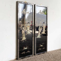 Chinese Black Lacquered, Hand Painted & Adhered Figure Wall Accessories - a Pair