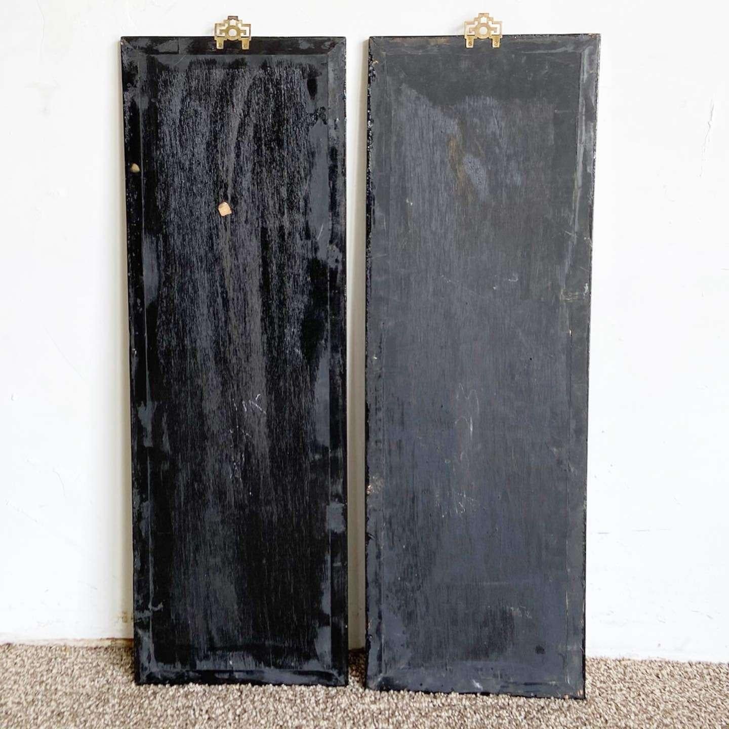 Chinese Black Lacquered, Hand Painted & Adhered Figure Wall Accessories - a Pair For Sale 3