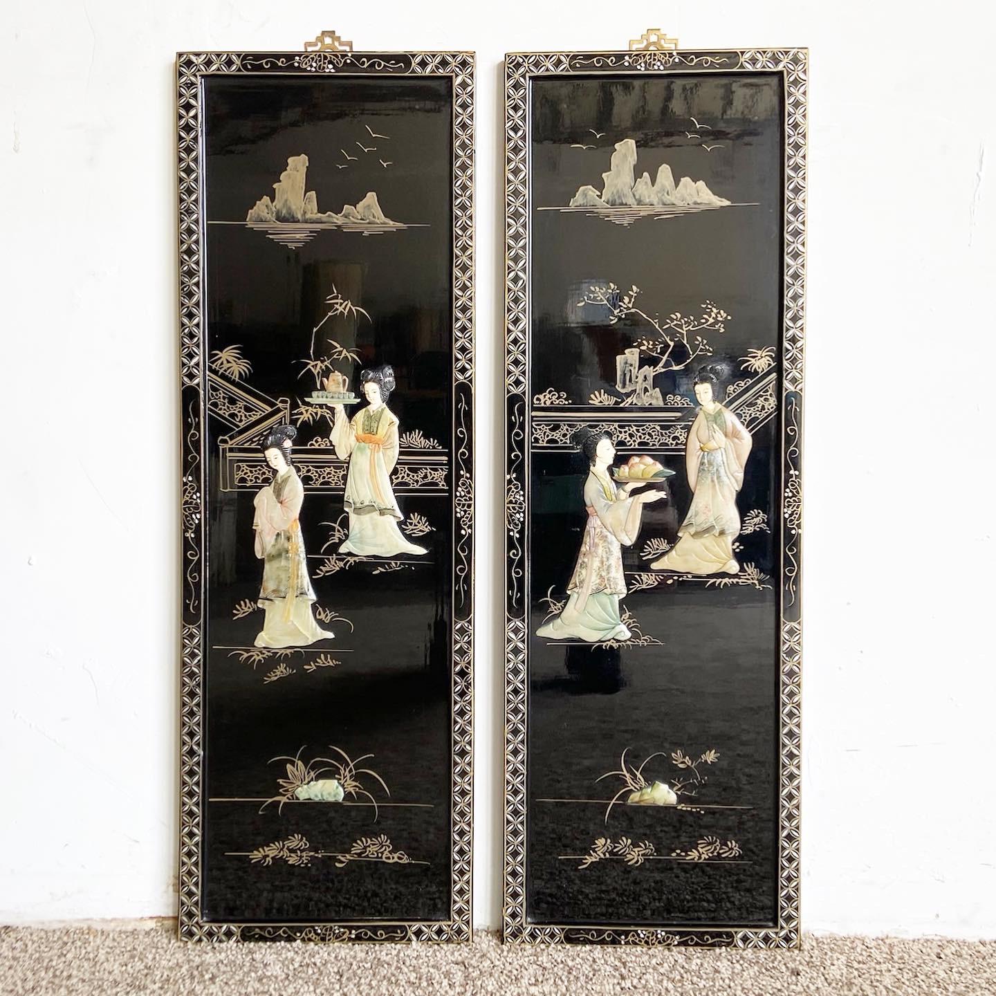 Chinese Black Lacquered, Hand Painted and Adhered Figure Wall Accessories - a Pa 4