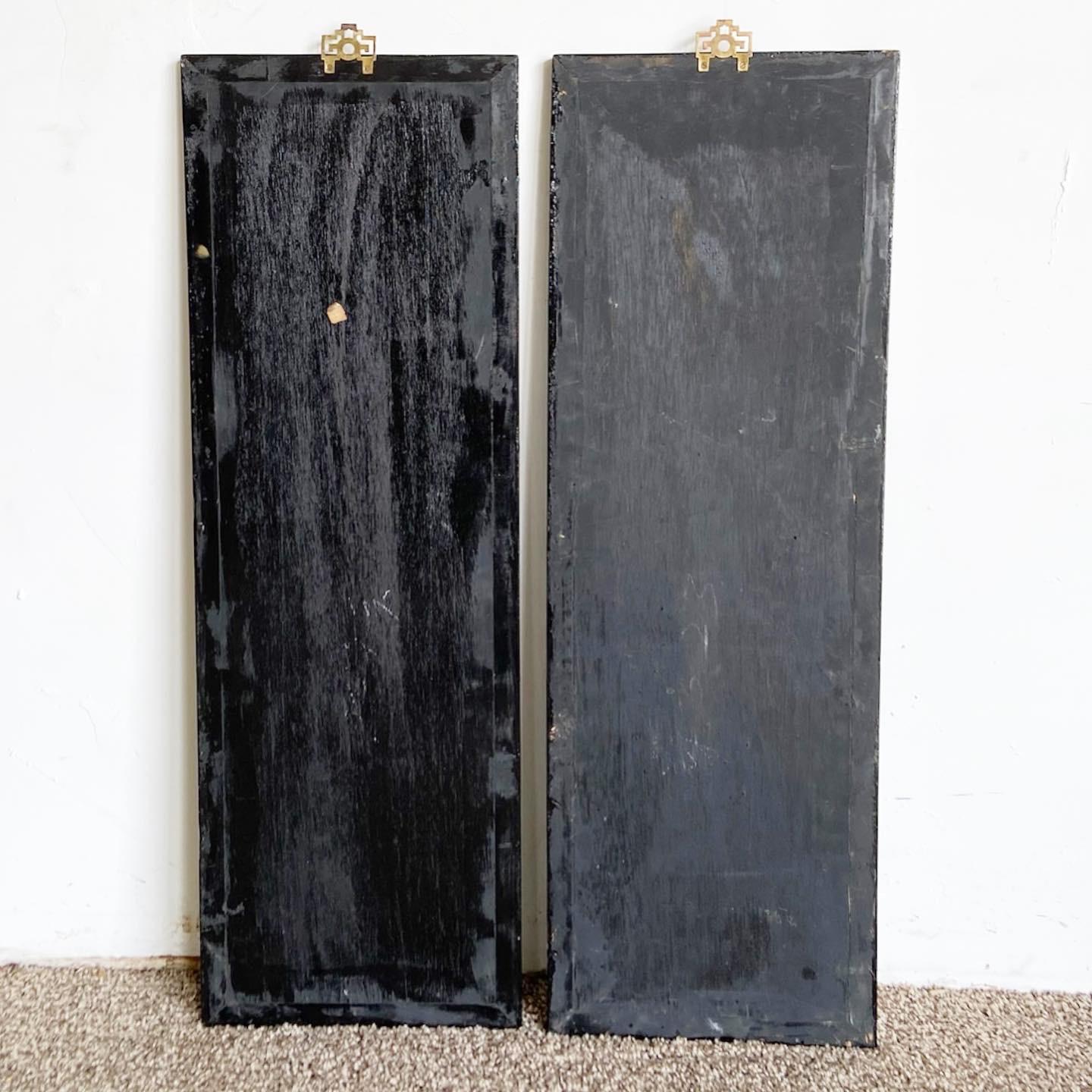 Chinoiserie Chinese Black Lacquered, Hand Painted and Adhered Figure Wall Accessories - a Pa