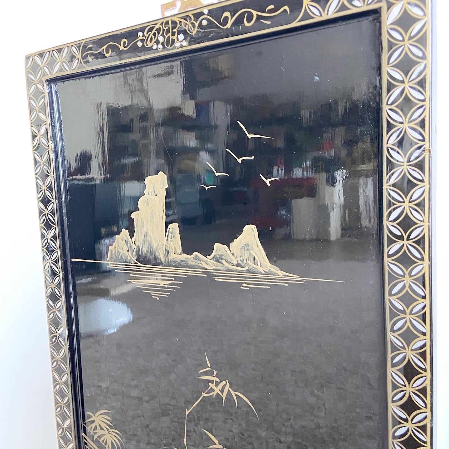 Chinese Black Lacquered, Hand Painted and Adhered Figure Wall Accessories - a Pa In Good Condition In Delray Beach, FL