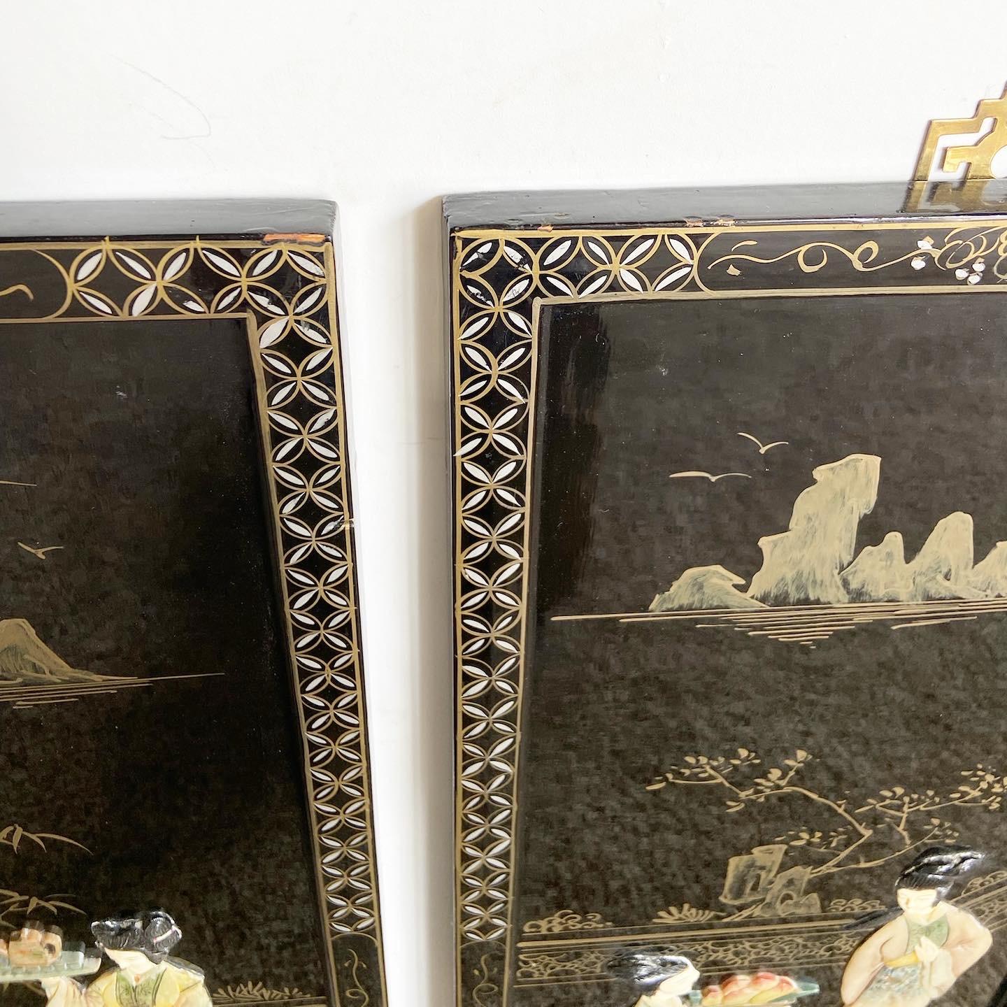 Wood Chinese Black Lacquered, Hand Painted and Adhered Figure Wall Accessories - a Pa