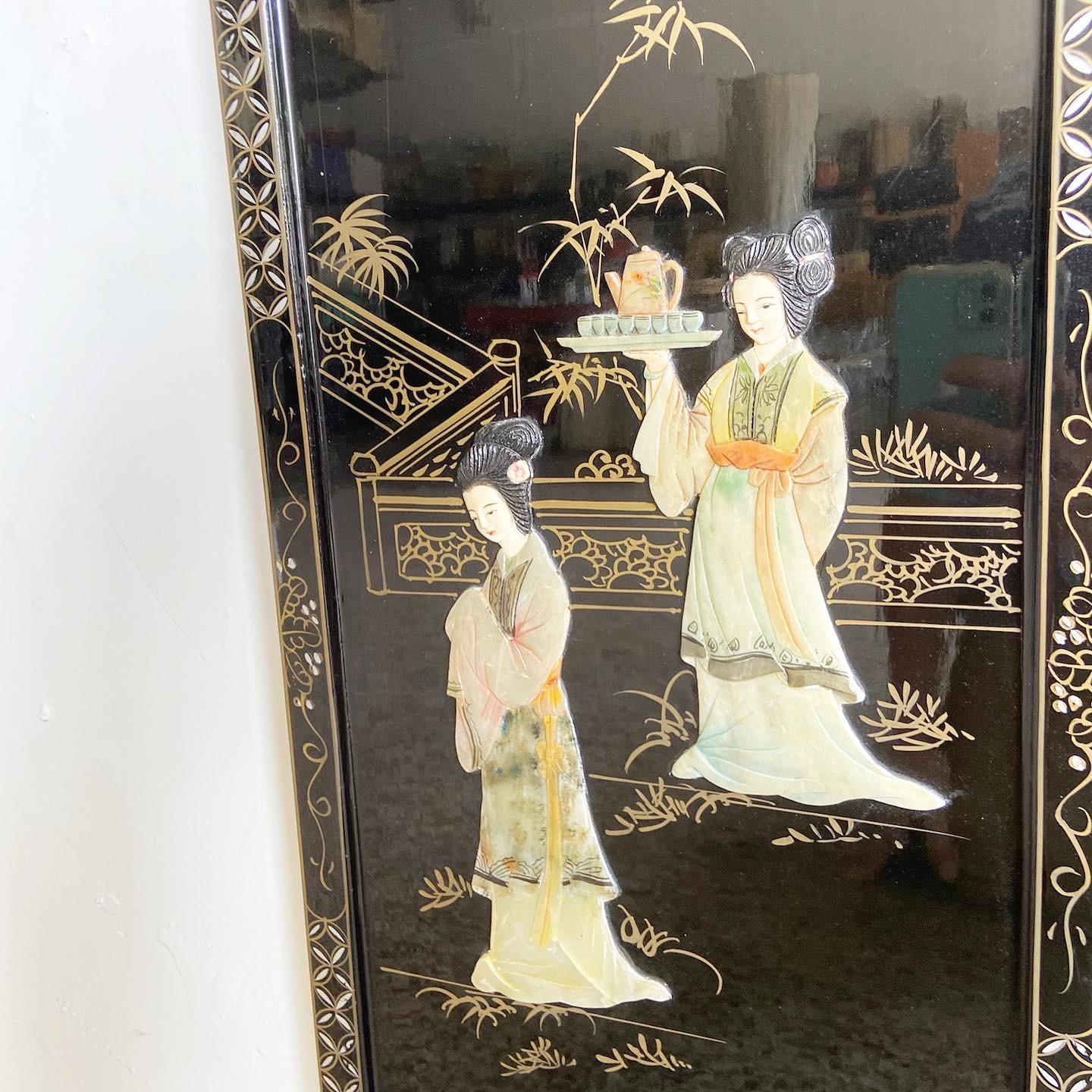 Chinese Black Lacquered, Hand Painted and Adhered Figure Wall Accessories - a Pa 1