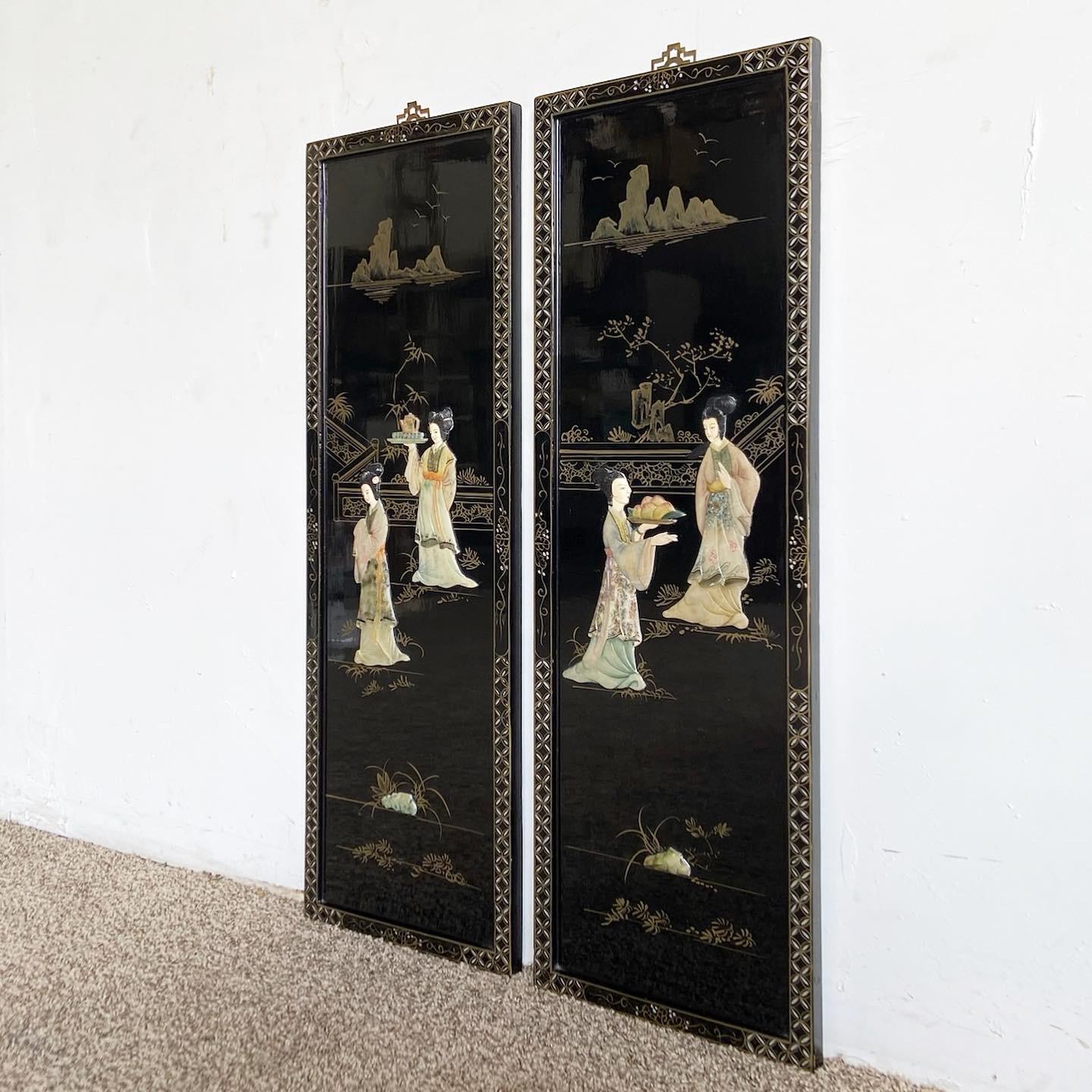 Chinese Black Lacquered, Hand Painted and Adhered Figure Wall Accessories - a Pa 2