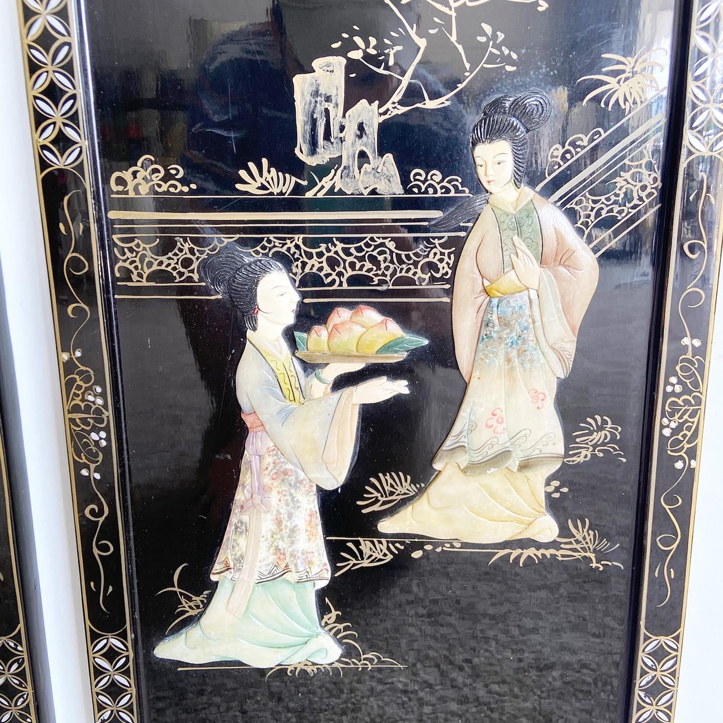 Chinese Black Lacquered, Hand Painted and Adhered Figure Wall Accessories - a Pa 3