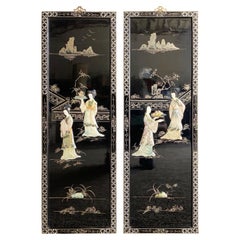Chinese Black Lacquered, Hand Painted and Adhered Figure Wall Accessories - a Pa